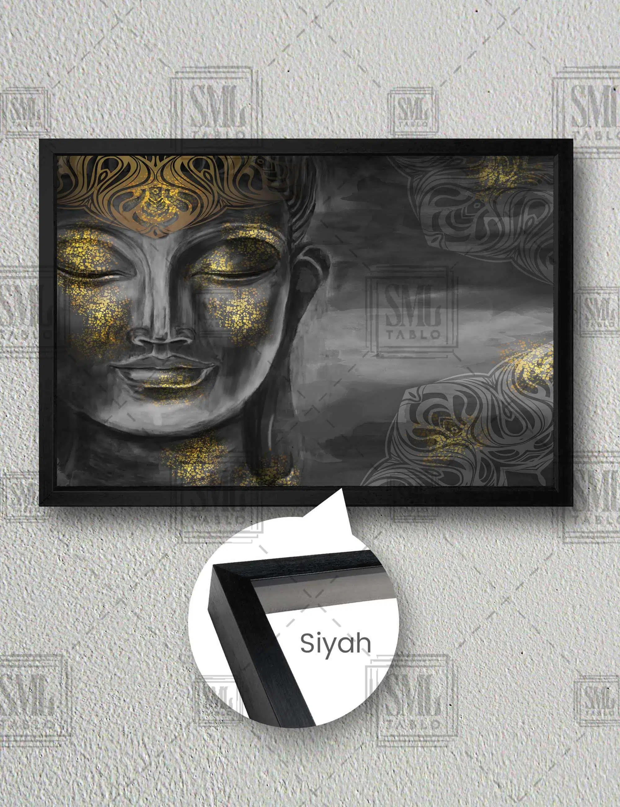 Buda Altın Mermer Heykel Dekor Meditasyon Huzur Arınma Yatay Çerçeveli Kanvas Tablo - Siyah