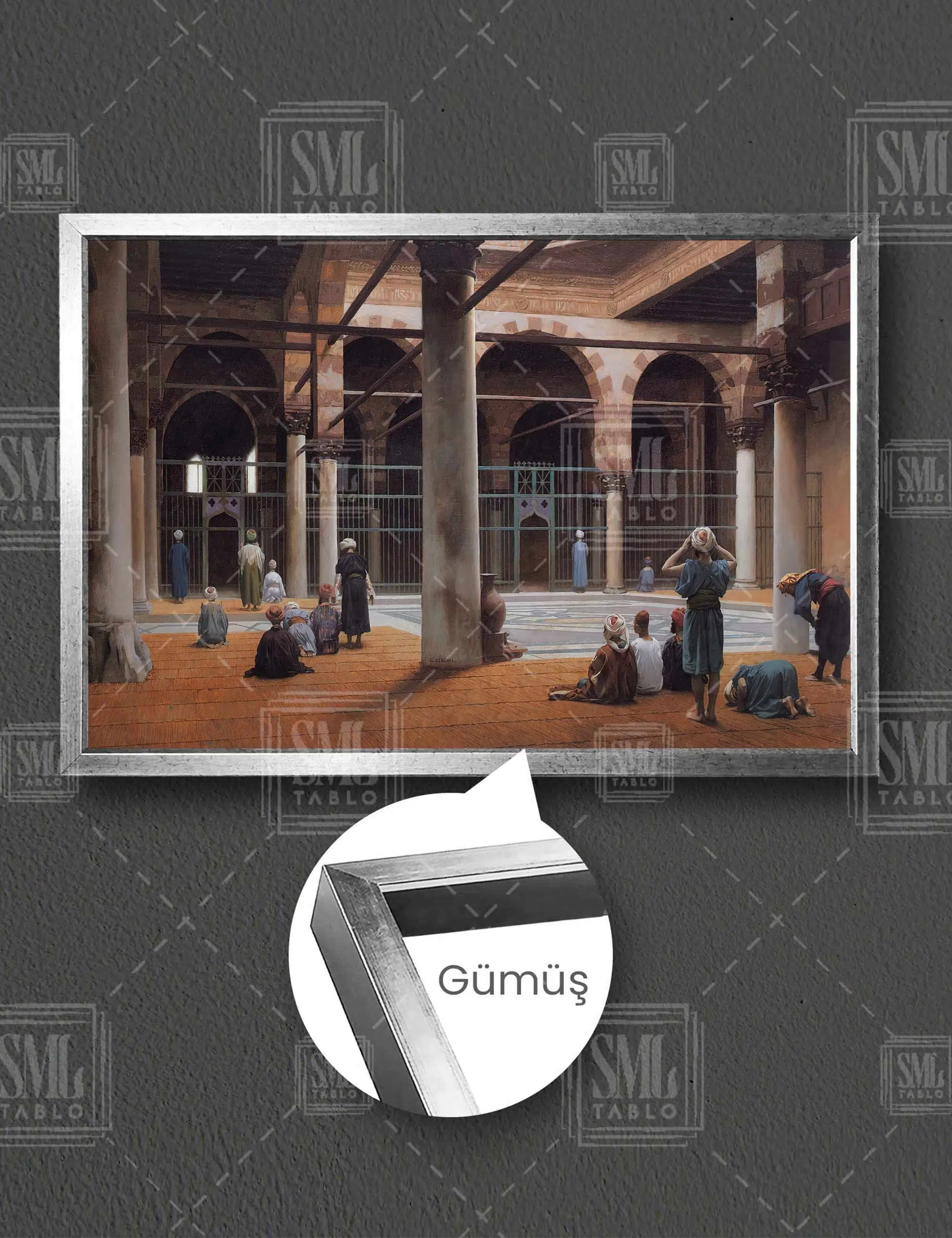 Camide Namaz Kılan İnsanlar Modern Çağdaş Sanat Osmanlı Dekor Yatay Çerçeveli Kanvas Tablo - Gümüş