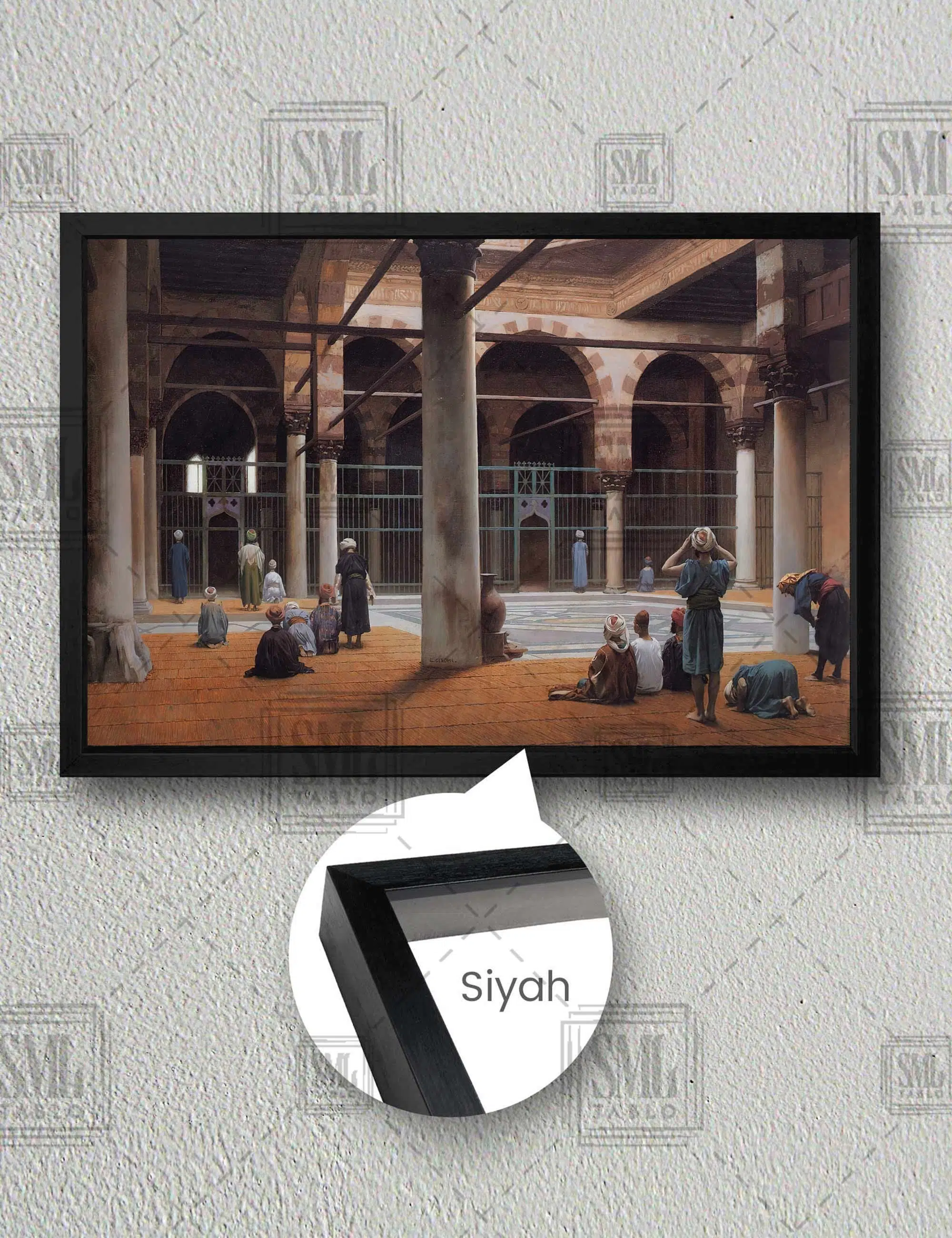 Camide Namaz Kılan İnsanlar Modern Çağdaş Sanat Osmanlı Dekor Yatay Çerçeveli Kanvas Tablo - Siyah