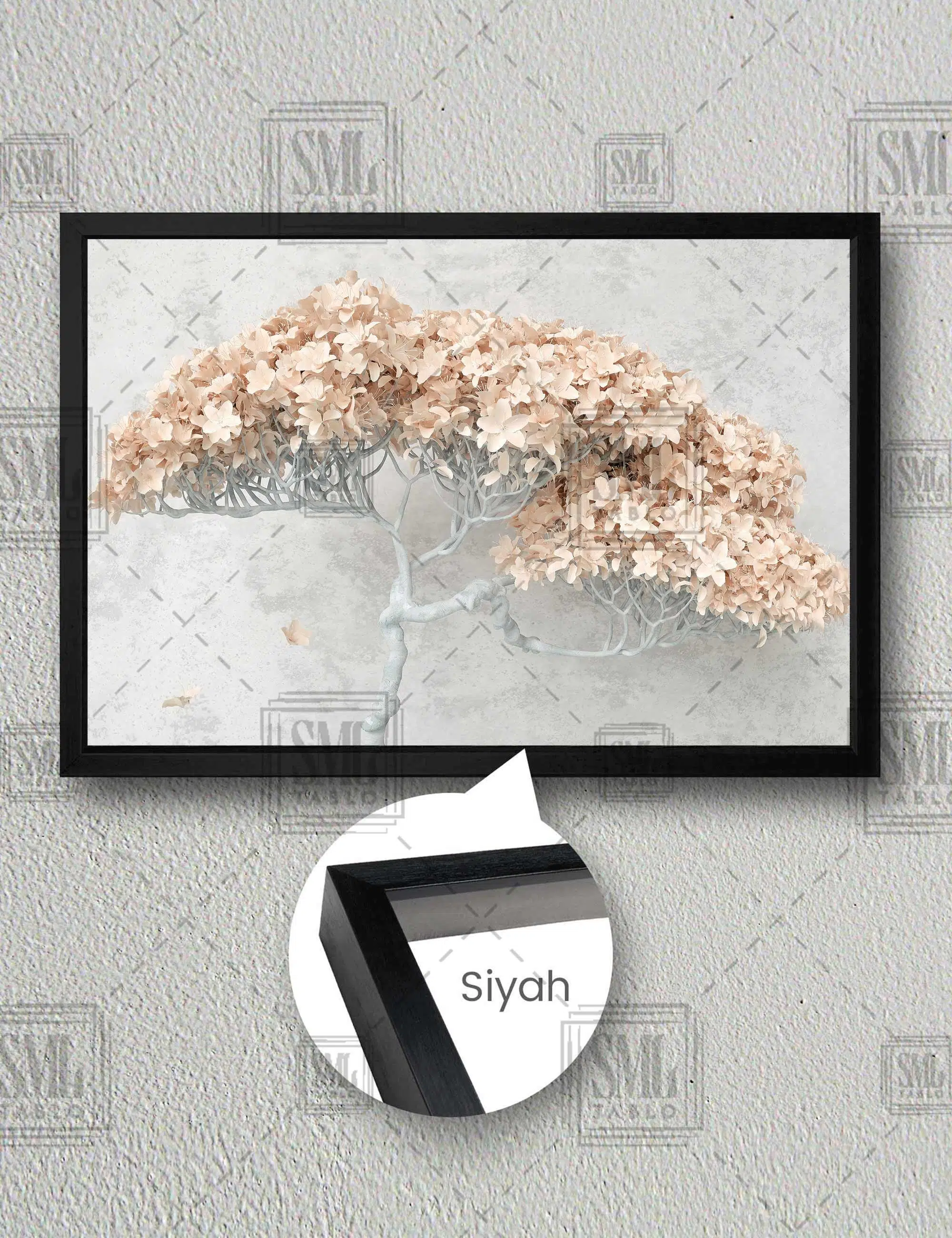 Çiçek Açmış Bonzai Ağacı Modern Sanat Dekor Yatay Çerçeveli Kanvas Tablo - Siyah