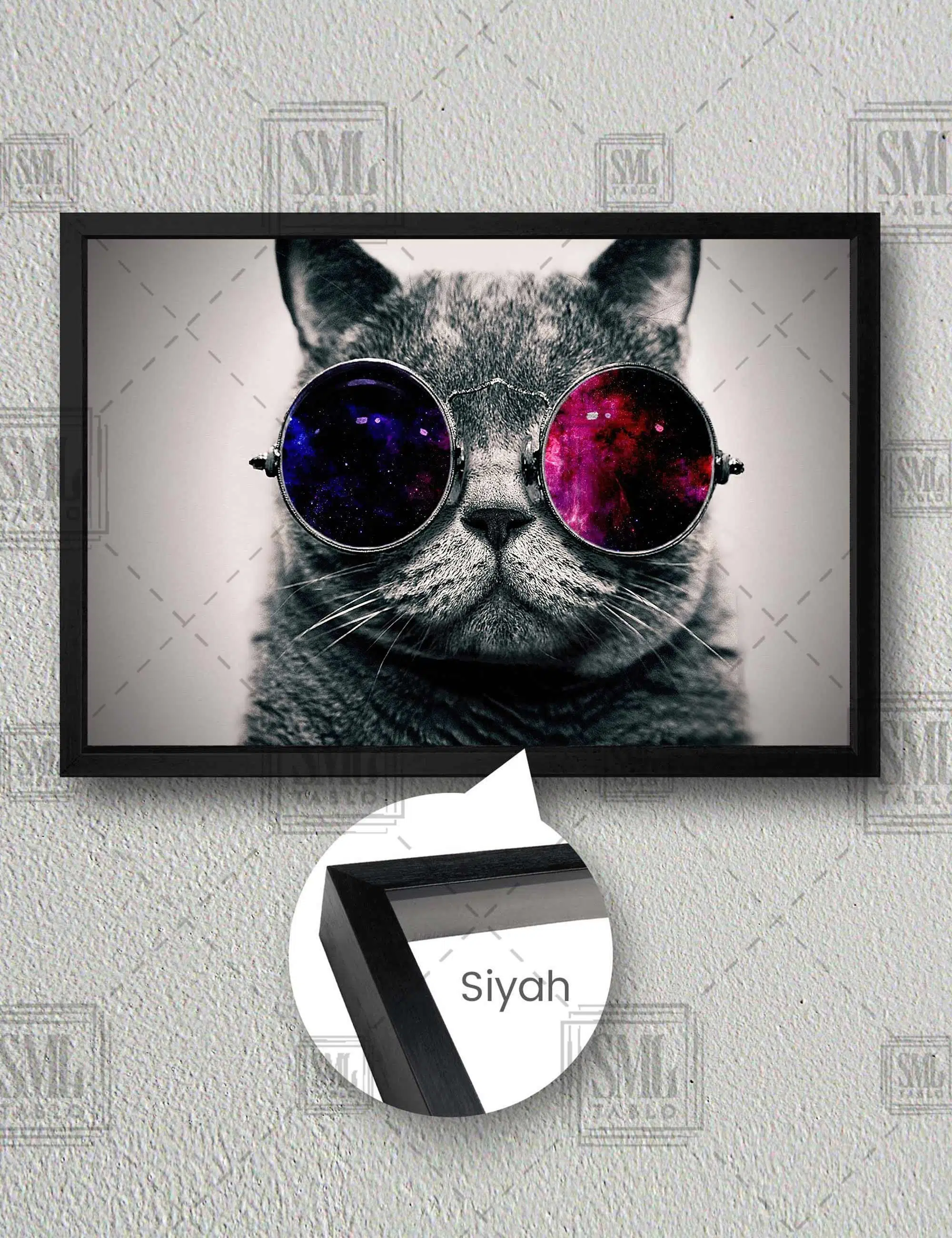 Gözlük Takmış Uzaya Bakan Cool Kedi Karizma Dekor Yatay Çerçeveli Kanvas Tablo - Siyah