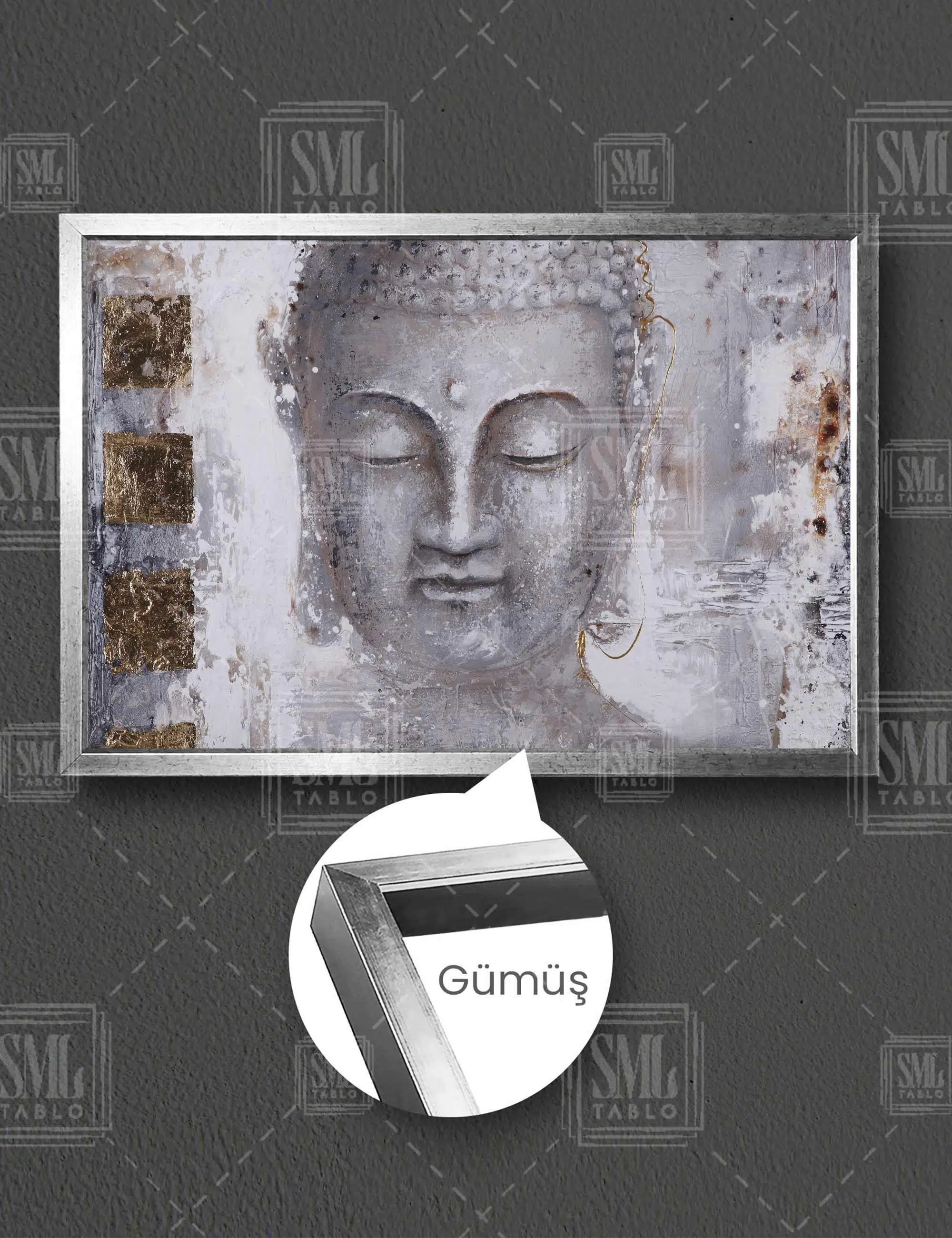 Gözü Kapalı Buda Heykeli Huzur Meditasyon Yoga Enerji Dekor Yatay Çerçeveli Kanvas Tablo - Gümüş