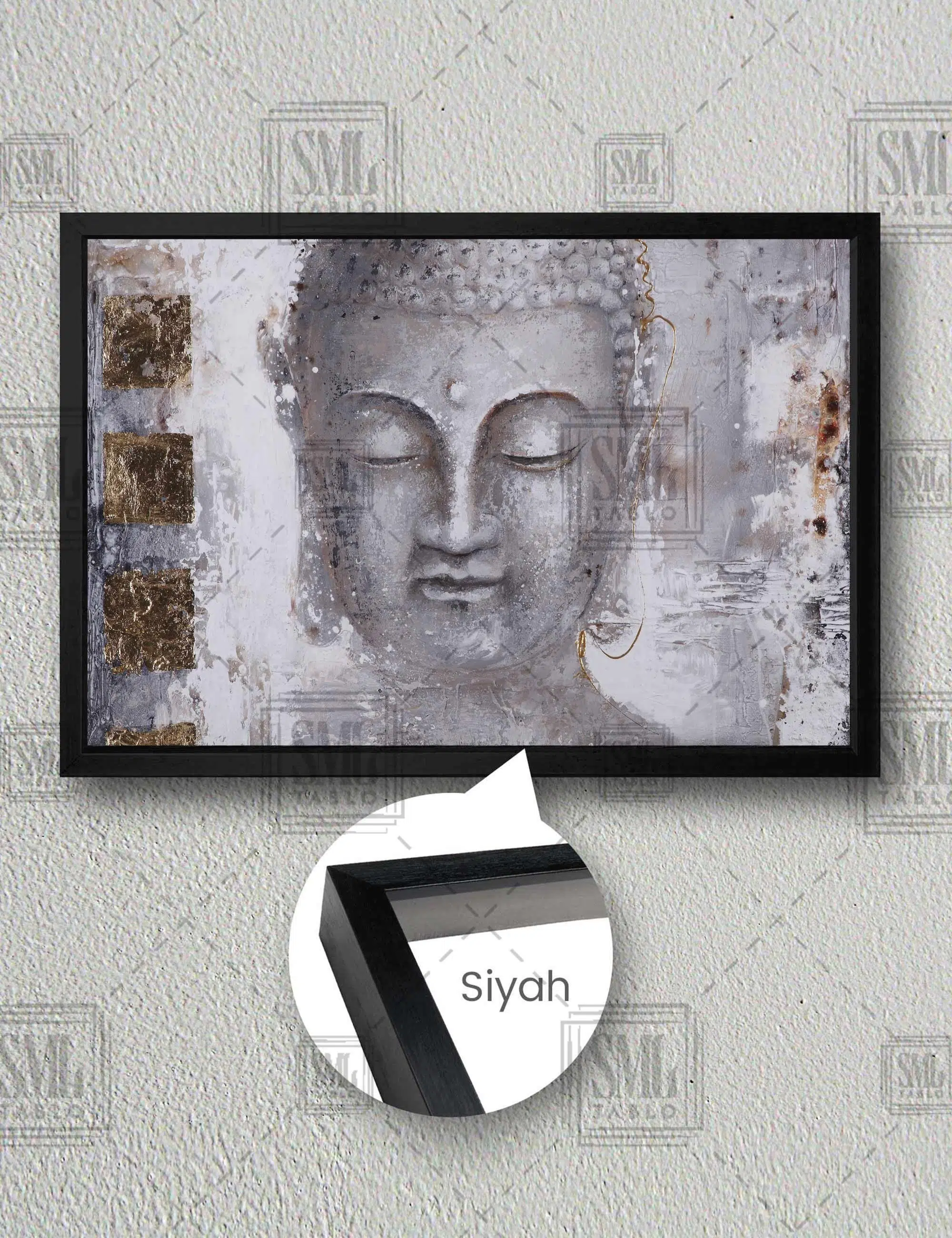 Gözü Kapalı Buda Heykeli Huzur Meditasyon Yoga Enerji Dekor Yatay Çerçeveli Kanvas Tablo - Siyah