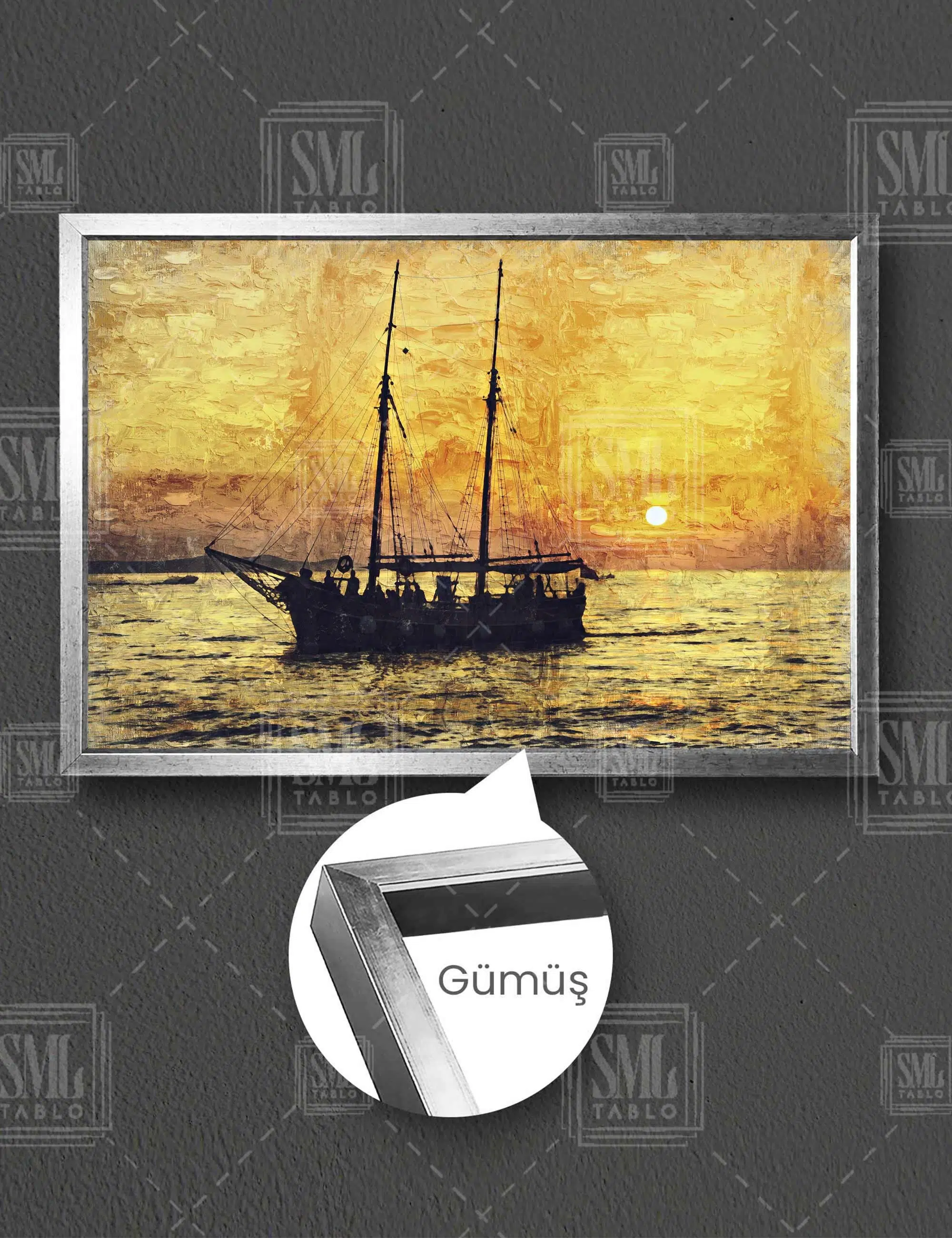 Gün Batımı Yelkenli Gemi Ve Balıkçılar Yatay Çerçeveli Kanvas Tablo - Gümüş