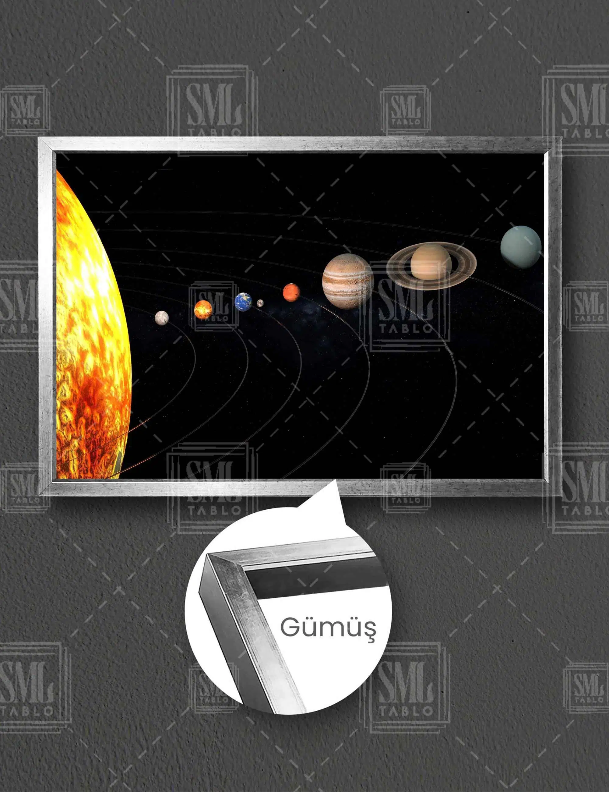 Güneş Sistemi Uzay Gezegenler Okul Çocuk Odası Dekor Yatay Çerçeveli Kanvas Tablo - Gümüş