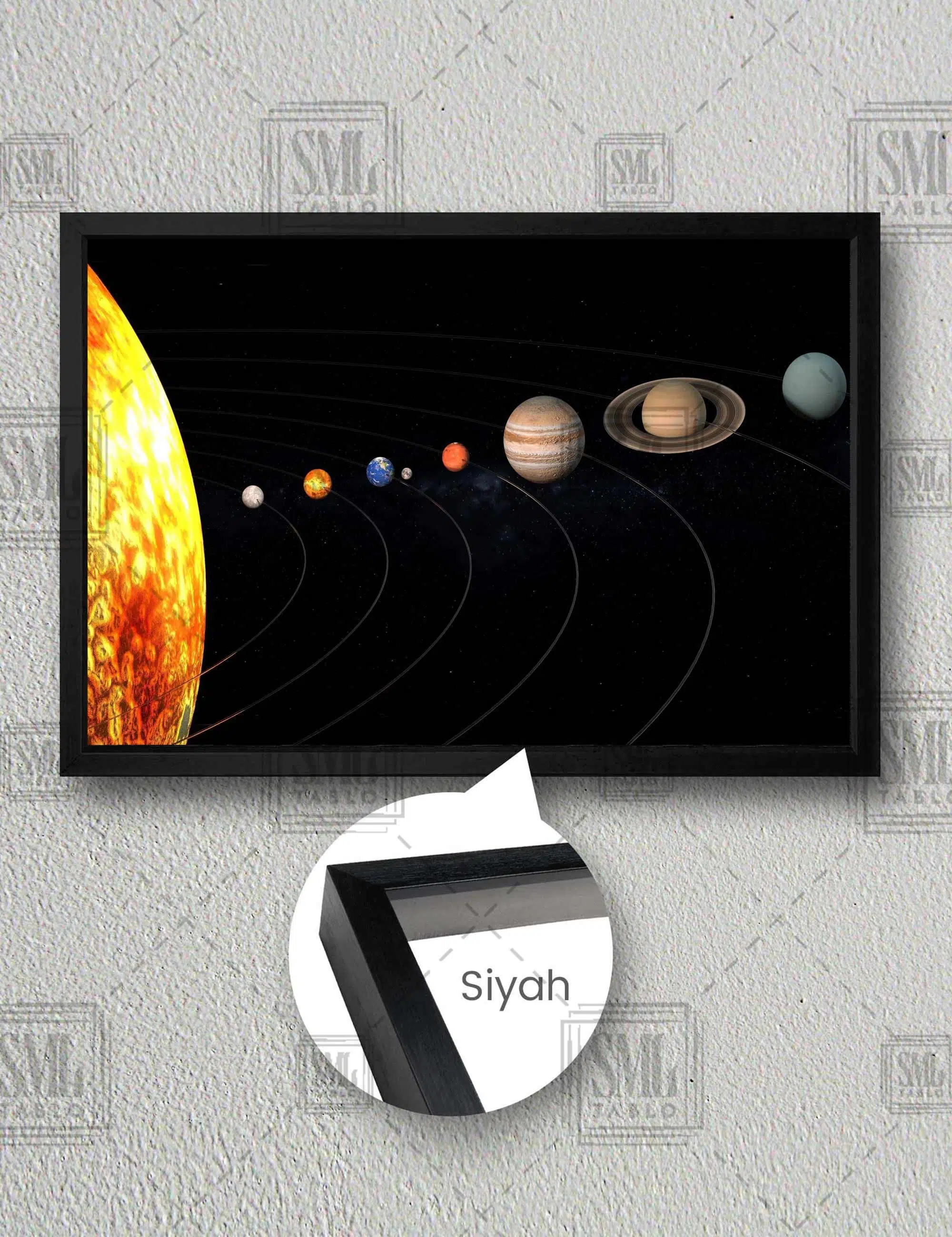 Güneş Sistemi Uzay Gezegenler Okul Çocuk Odası Dekor Yatay Çerçeveli Kanvas Tablo - Siyah