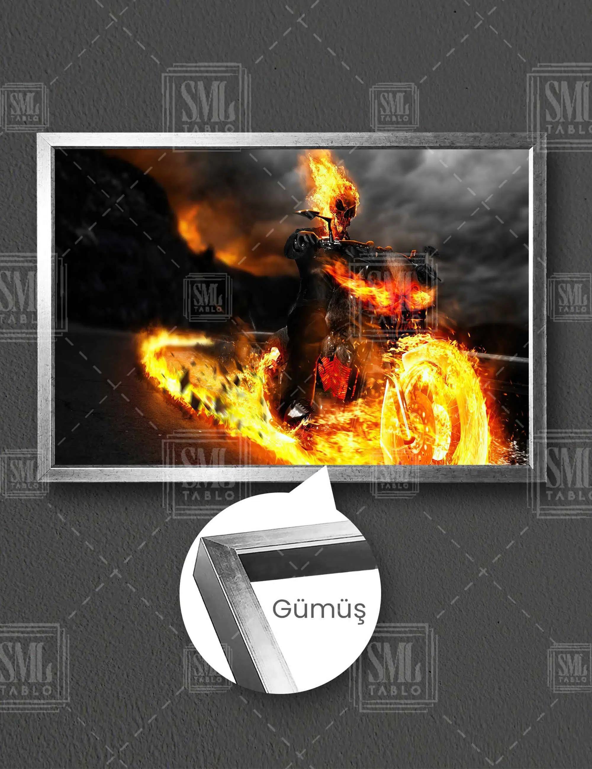 Hayalet Sürücü Yanan Motor Kurukafa İskelet Adam Ghost Rider Film Dekor Yatay Çerçeveli Kanvas Tablo - Gümüş