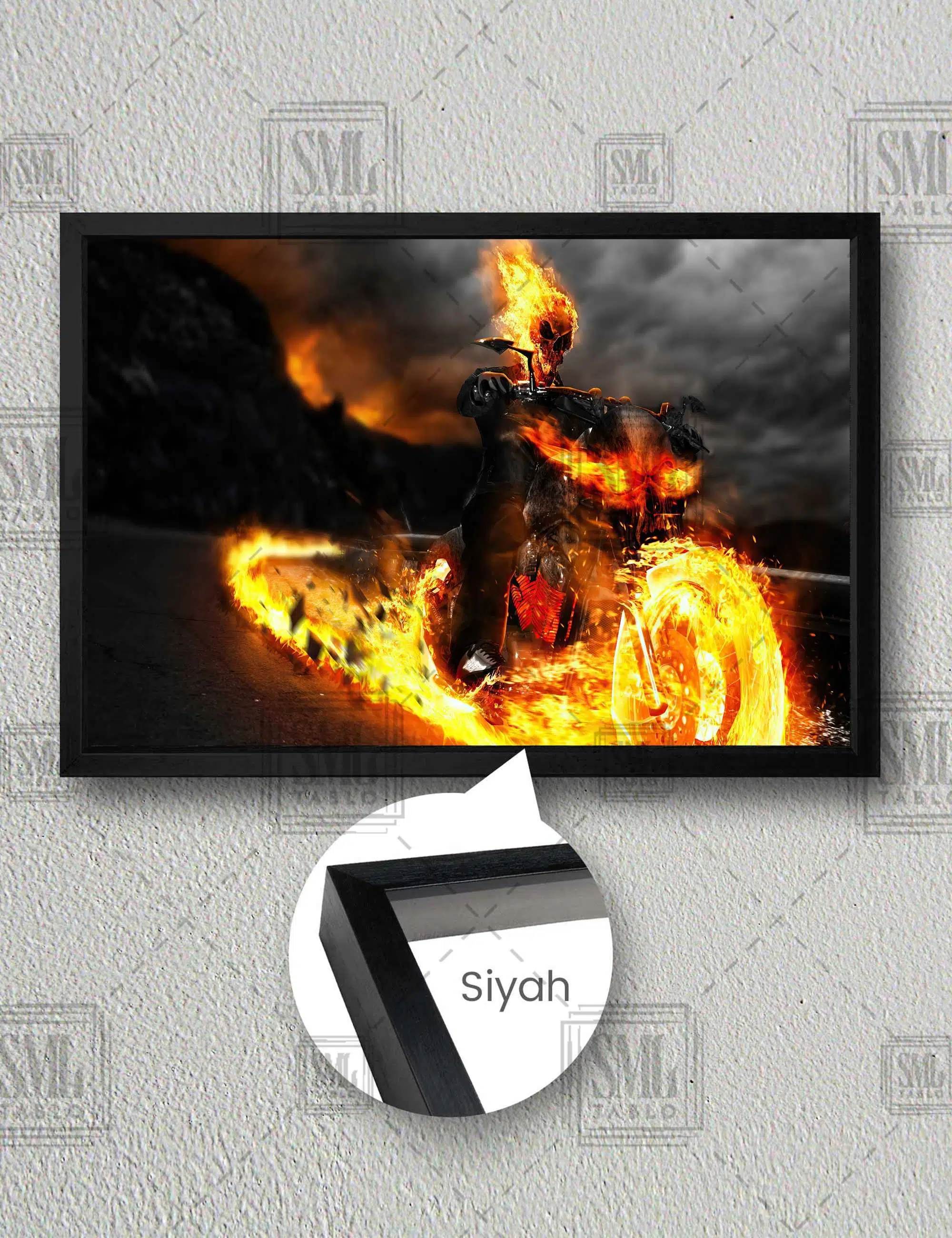 Hayalet Sürücü Yanan Motor Kurukafa İskelet Adam Ghost Rider Film Dekor Yatay Çerçeveli Kanvas Tablo - Siyah