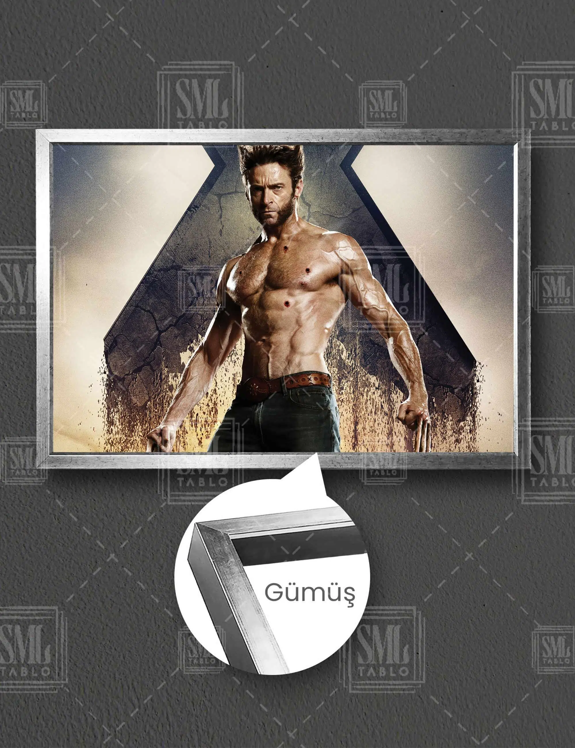 İki Elini Yana Açmış Hugh Jackman Wolverine Xman Film Yatay Çerçeveli Kanvas Tablo - Gümüş
