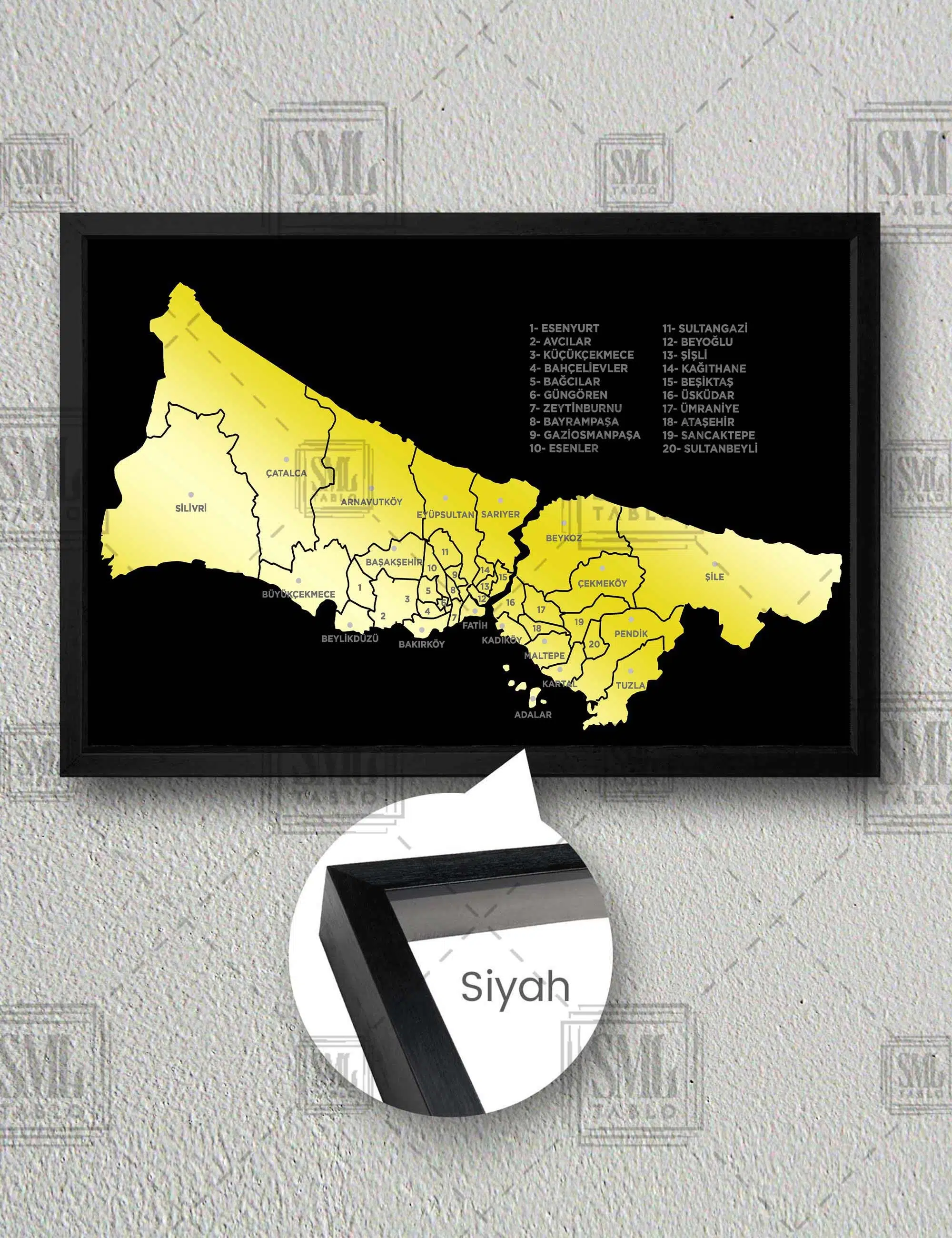 İstanbul Haritası Boğaz İlçeler Türkiye İl Şehir Yatay Çerçeveli Kanvas Tablo - Siyah