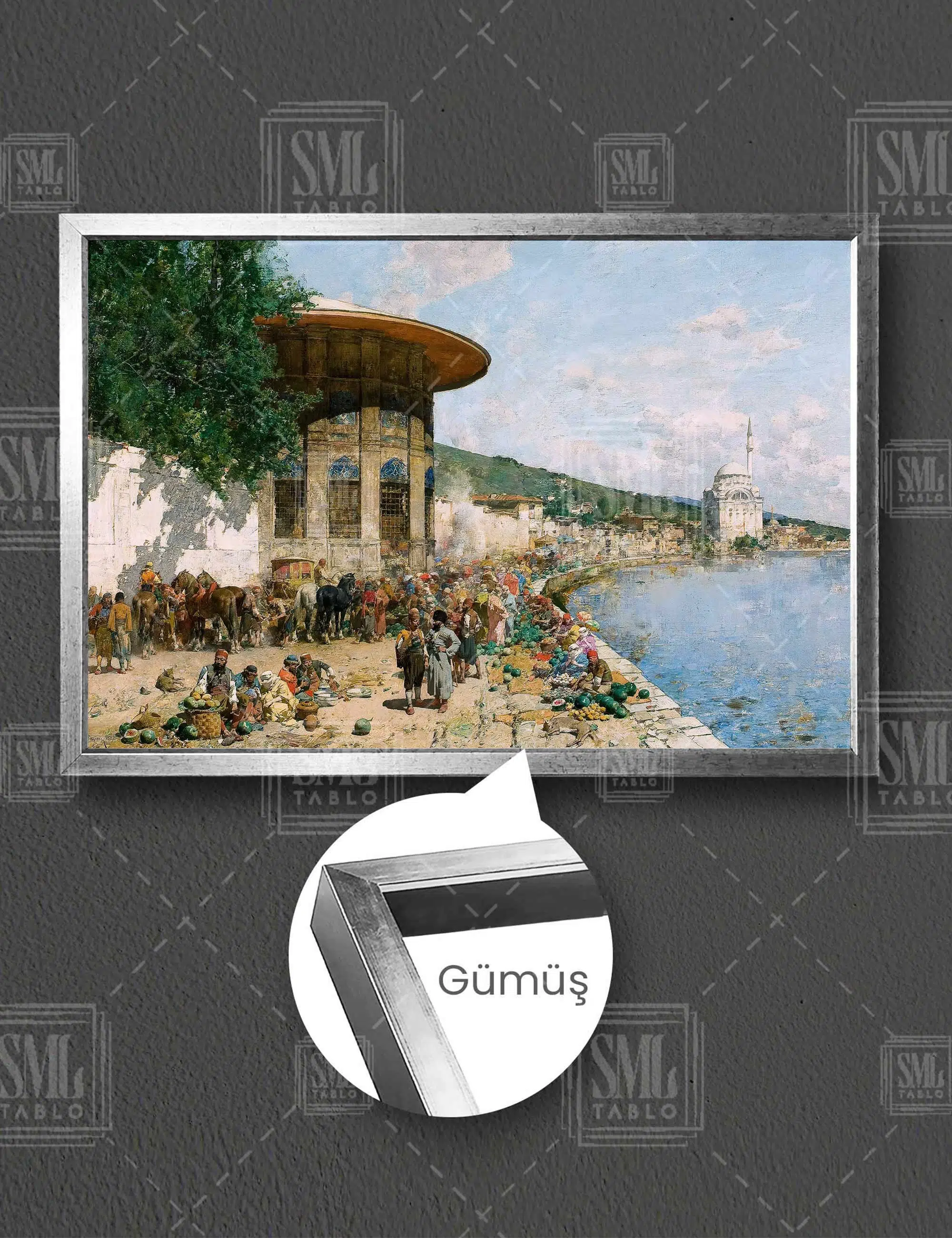 İstanbul Sahil Manzarası Osmanlı Dekor Yatay Çerçeveli Kanvas Tablo - Gümüş