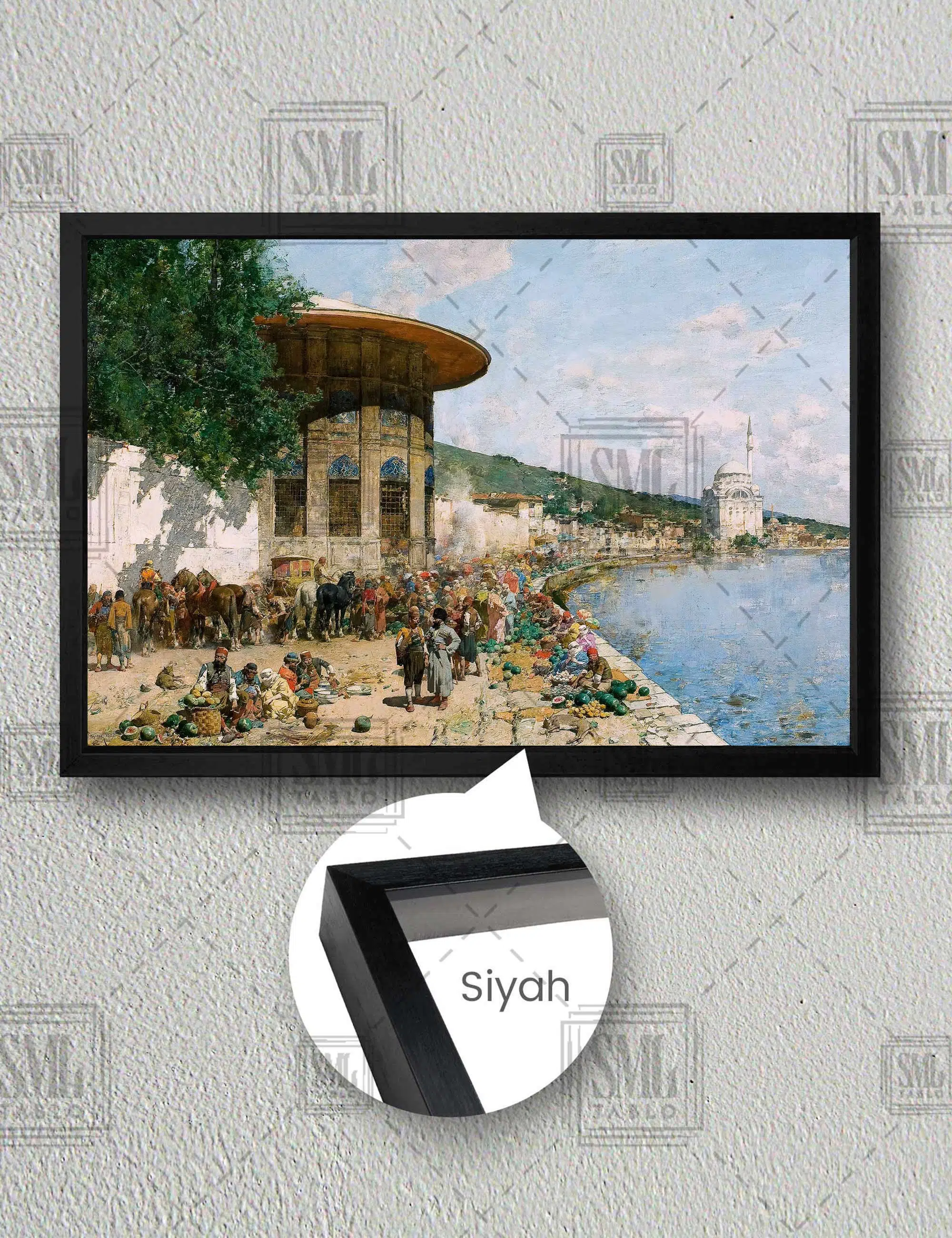 İstanbul Sahil Manzarası Osmanlı Dekor Yatay Çerçeveli Kanvas Tablo - Siyah