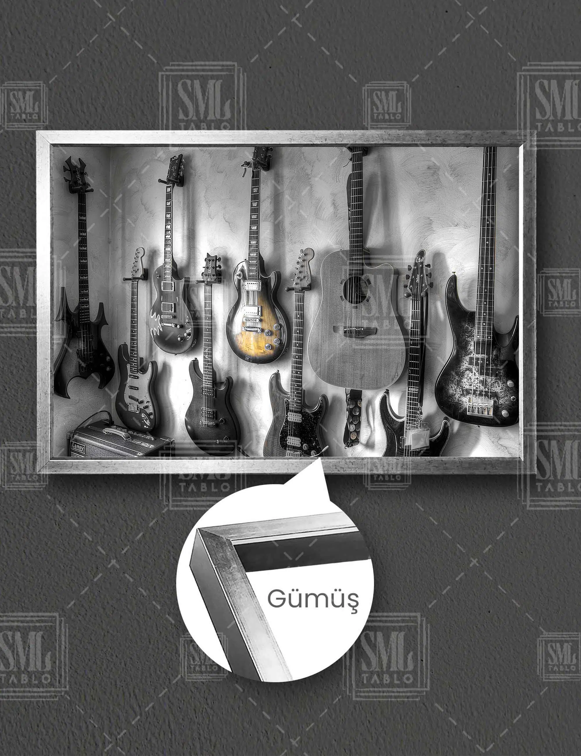 Klasik Bas Elektro Gitar Müzik Sanat Müzik Evi Dekor Yatay Çerçeveli Kanvas Tablo - Gümüş