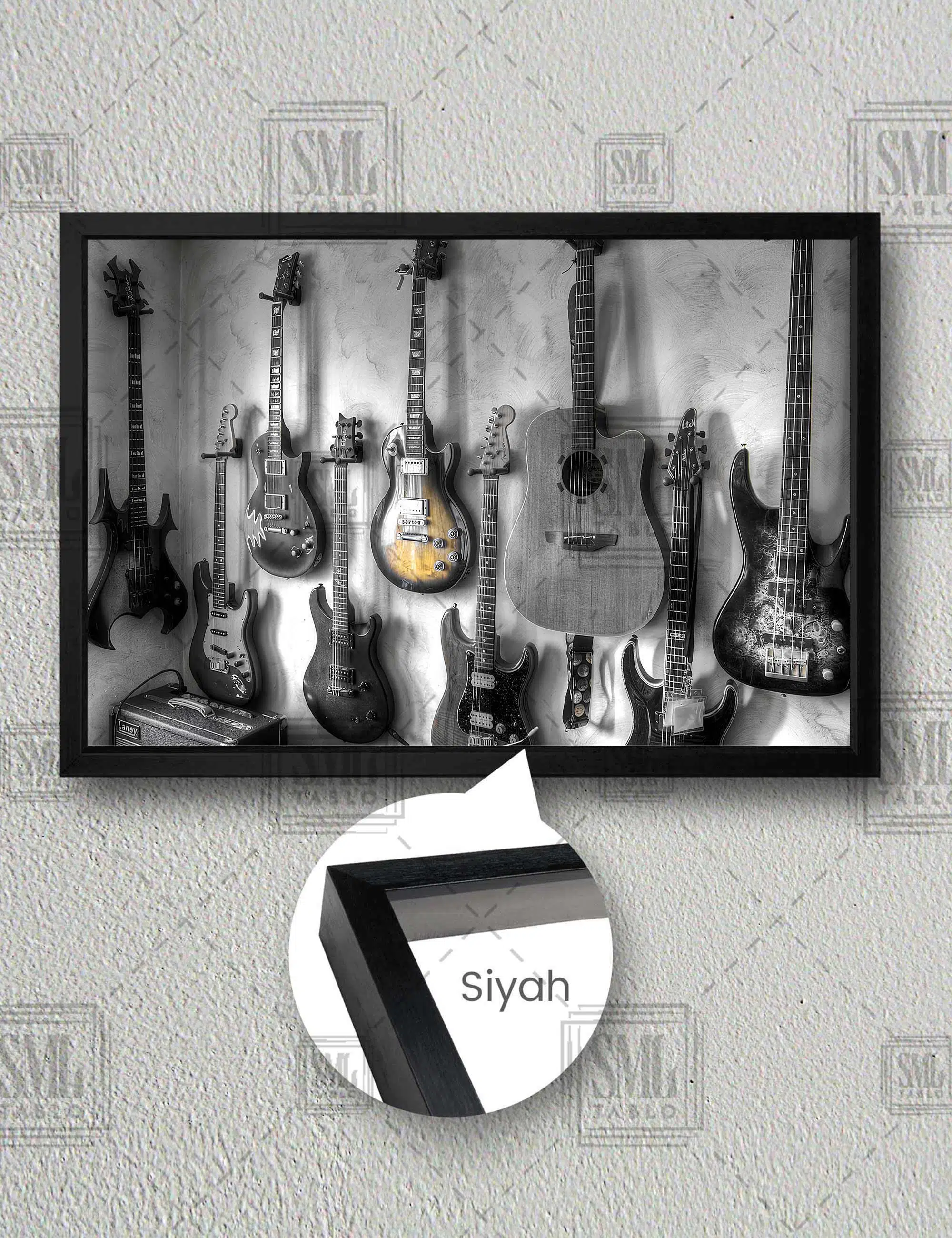 Klasik Bas Elektro Gitar Müzik Sanat Müzik Evi Dekor Yatay Çerçeveli Kanvas Tablo - Siyah
