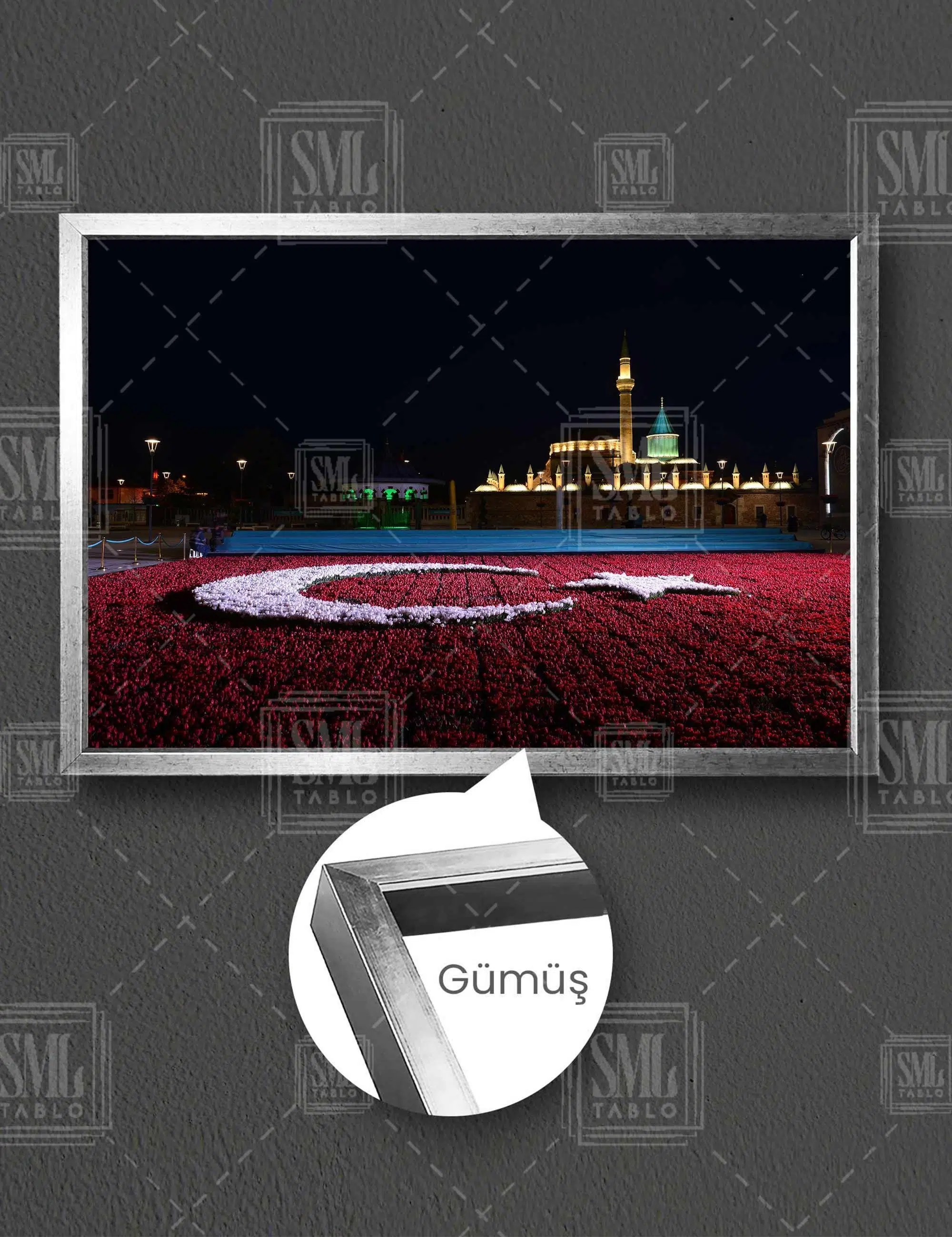 Konya Mevlana Türbesi Gece Manzarası Çiçek Türk Bayrağı Şehir Dekor Yatay Çerçeveli Kanvas Tablo - Gümüş
