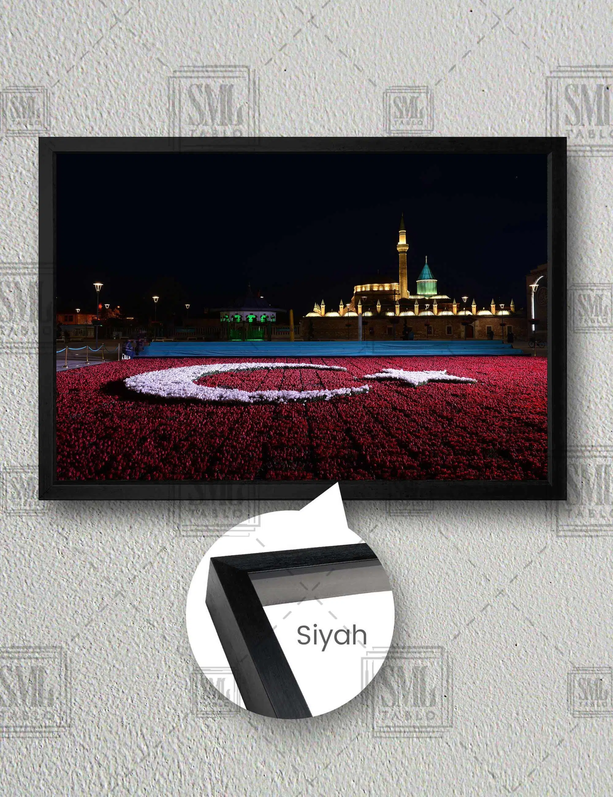 Konya Mevlana Türbesi Gece Manzarası Çiçek Türk Bayrağı Şehir Dekor Yatay Çerçeveli Kanvas Tablo - Siyah