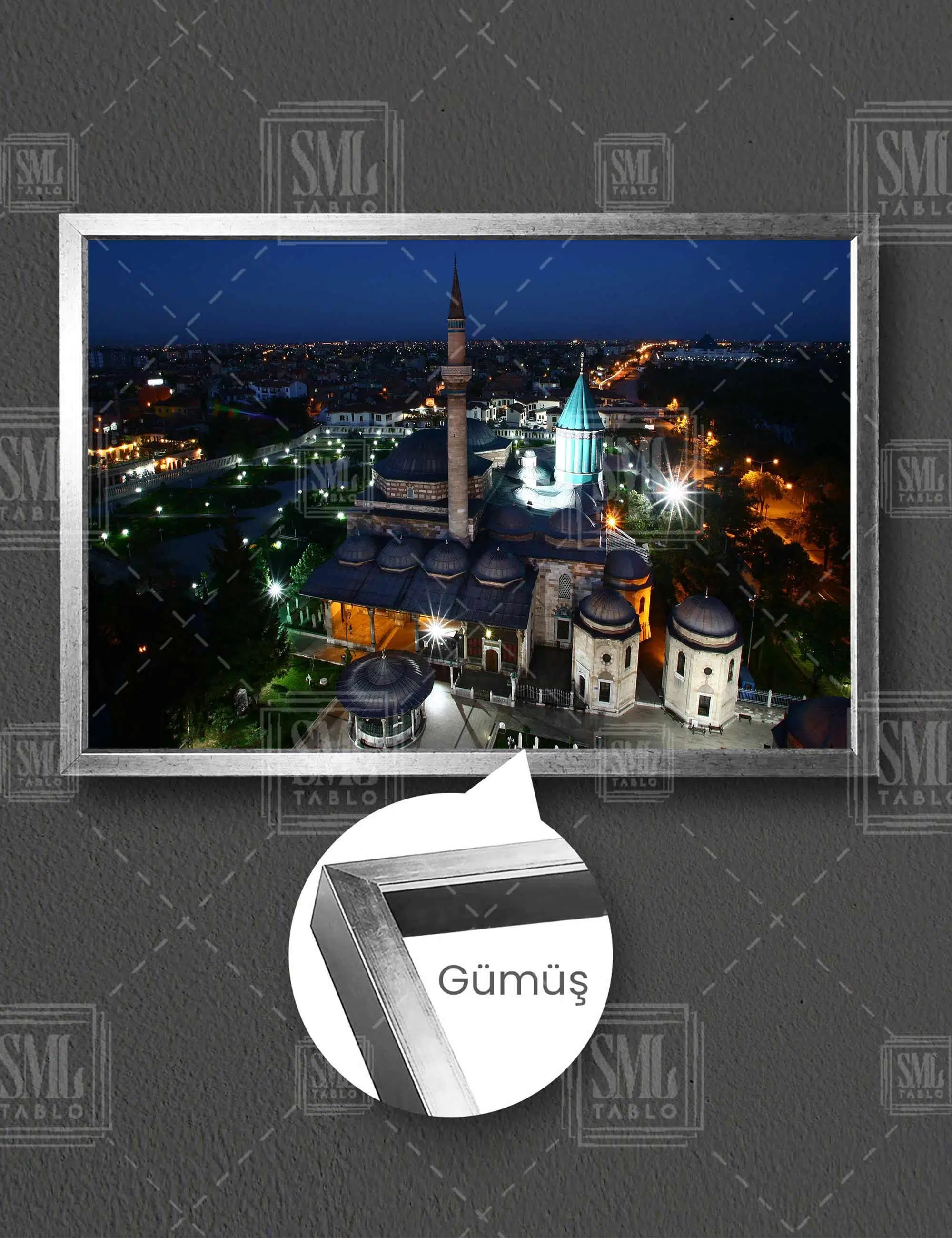 Konya Mevlana Türbesi Gece Manzarası Şehir Dekor Yatay Çerçeveli Kanvas Tablo - Gümüş