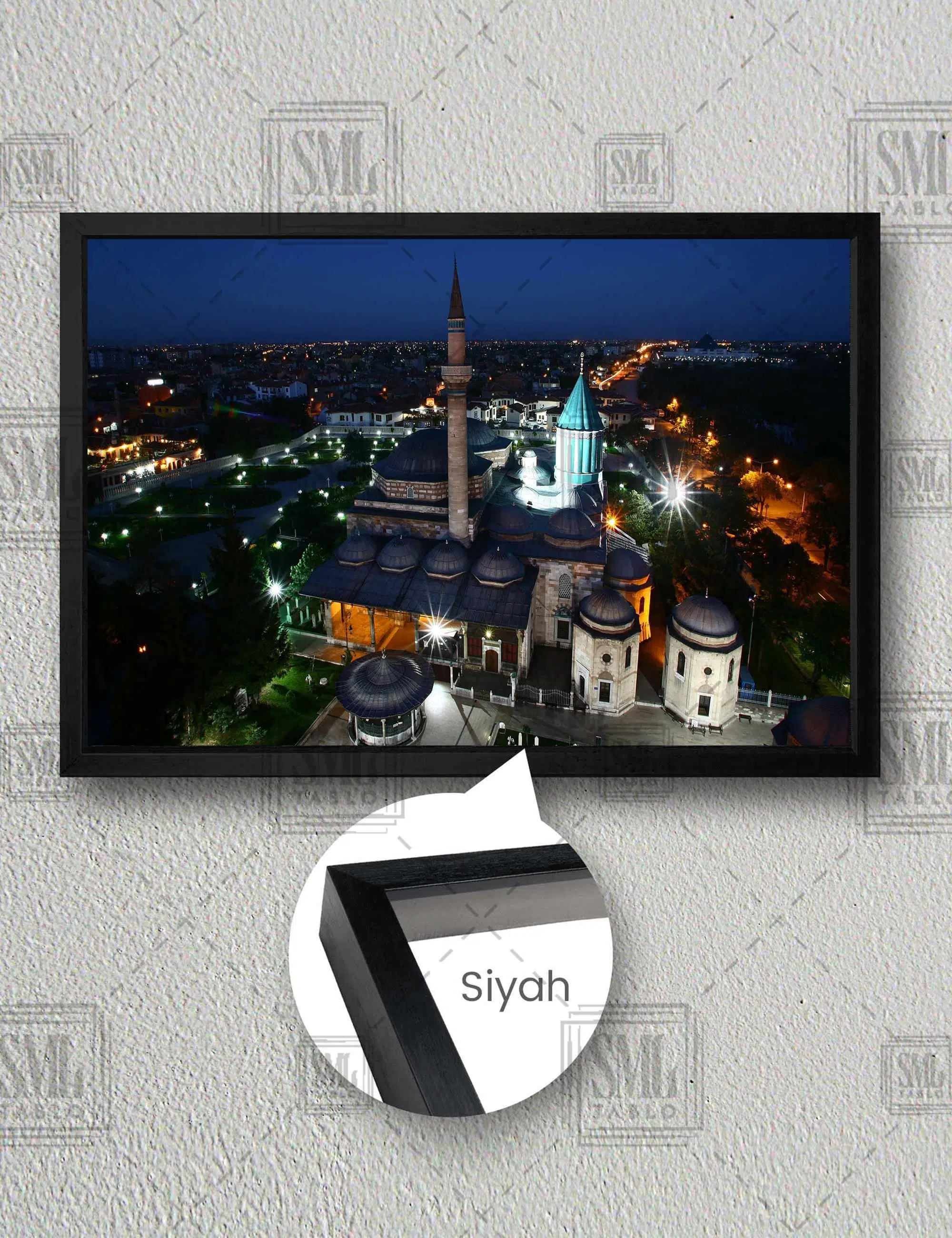 Konya Mevlana Türbesi Gece Manzarası Şehir Dekor Yatay Çerçeveli Kanvas Tablo - Siyah