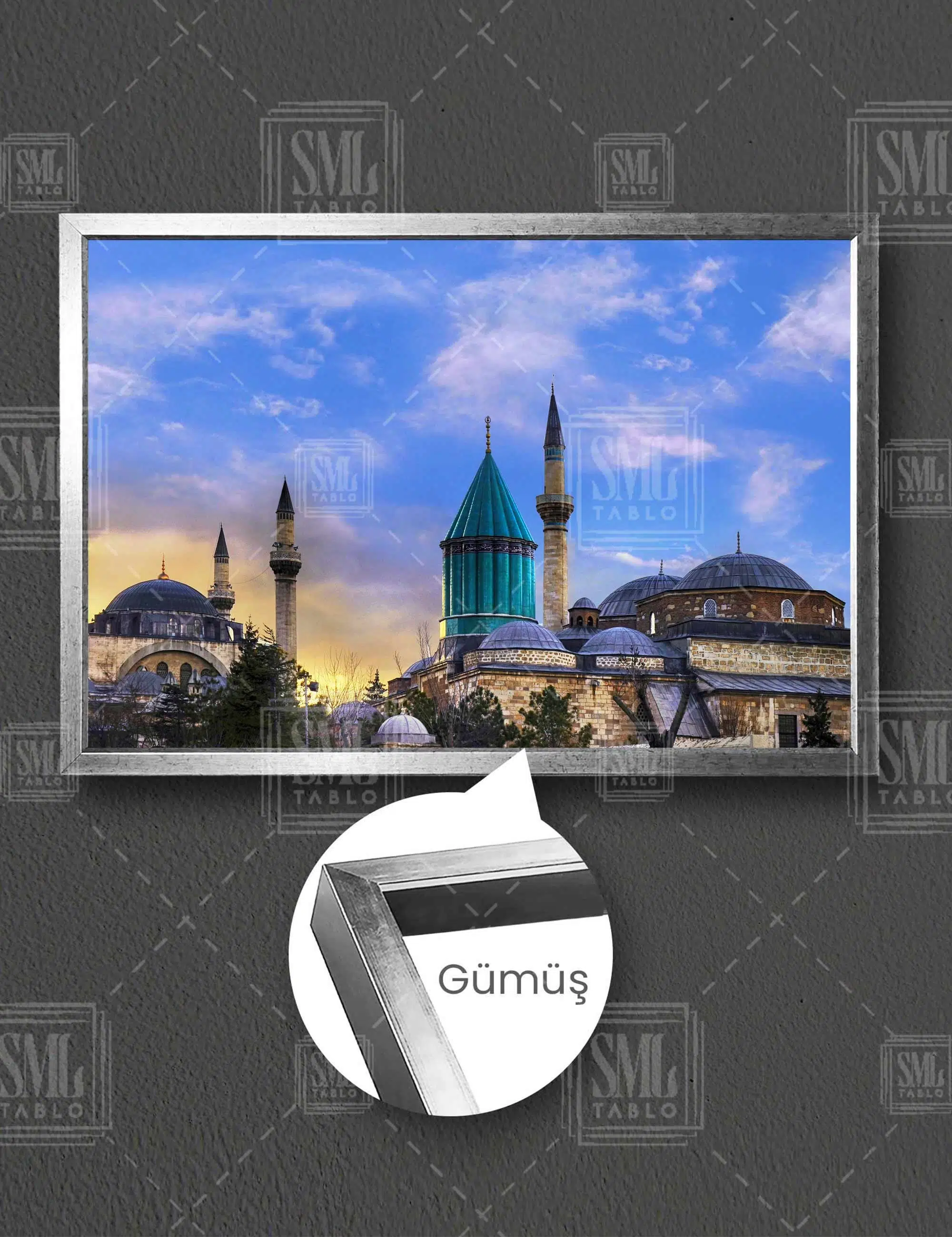 Konya Mevlana Türbesi Gökyüzü Manzara Dekor Yatay Çerçeveli Kanvas Tablo - Gümüş