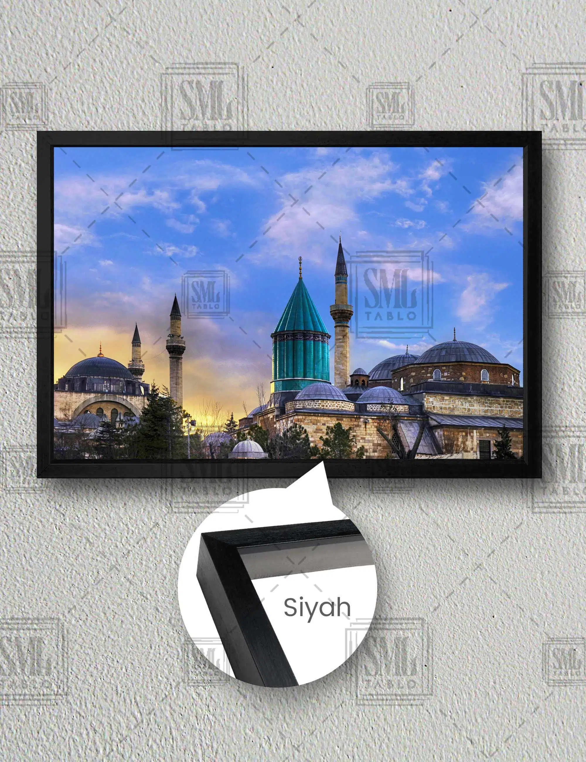 Konya Mevlana Türbesi Gökyüzü Manzara Dekor Yatay Çerçeveli Kanvas Tablo - Siyah
