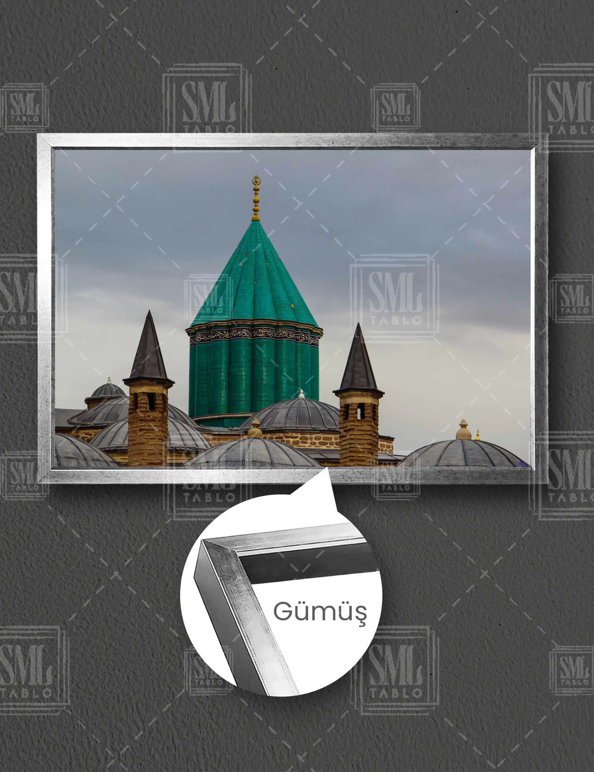 Konya Mevlana Türbesi Manzara Dekor Yatay Çerçeveli Kanvas Tablo - Gümüş
