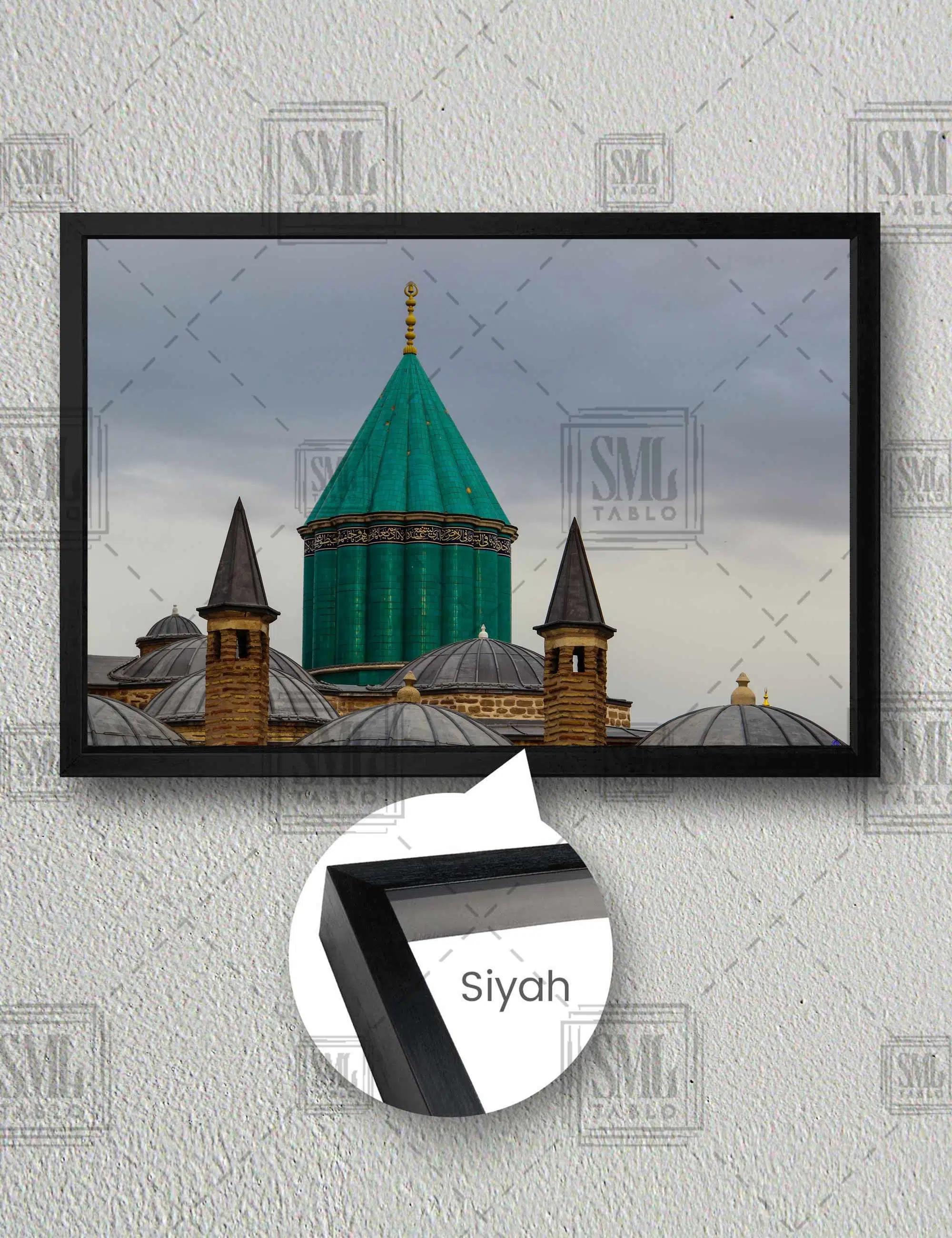 Konya Mevlana Türbesi Manzara Dekor Yatay Çerçeveli Kanvas Tablo - Siyah