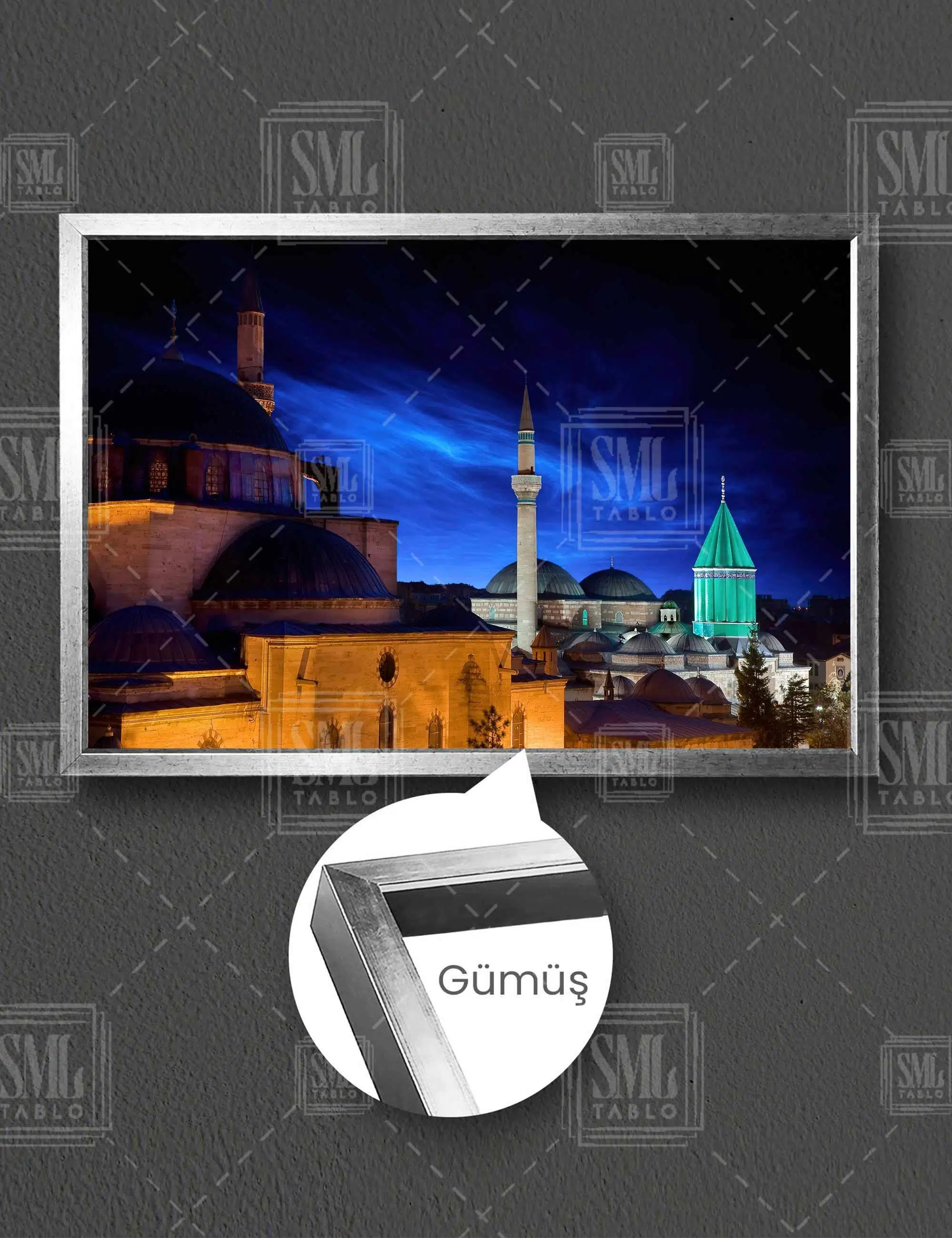 Konya Mevlana Müzesi Mesnevi Yatay Çerçeveli Kanvas Tablo - Gümüş