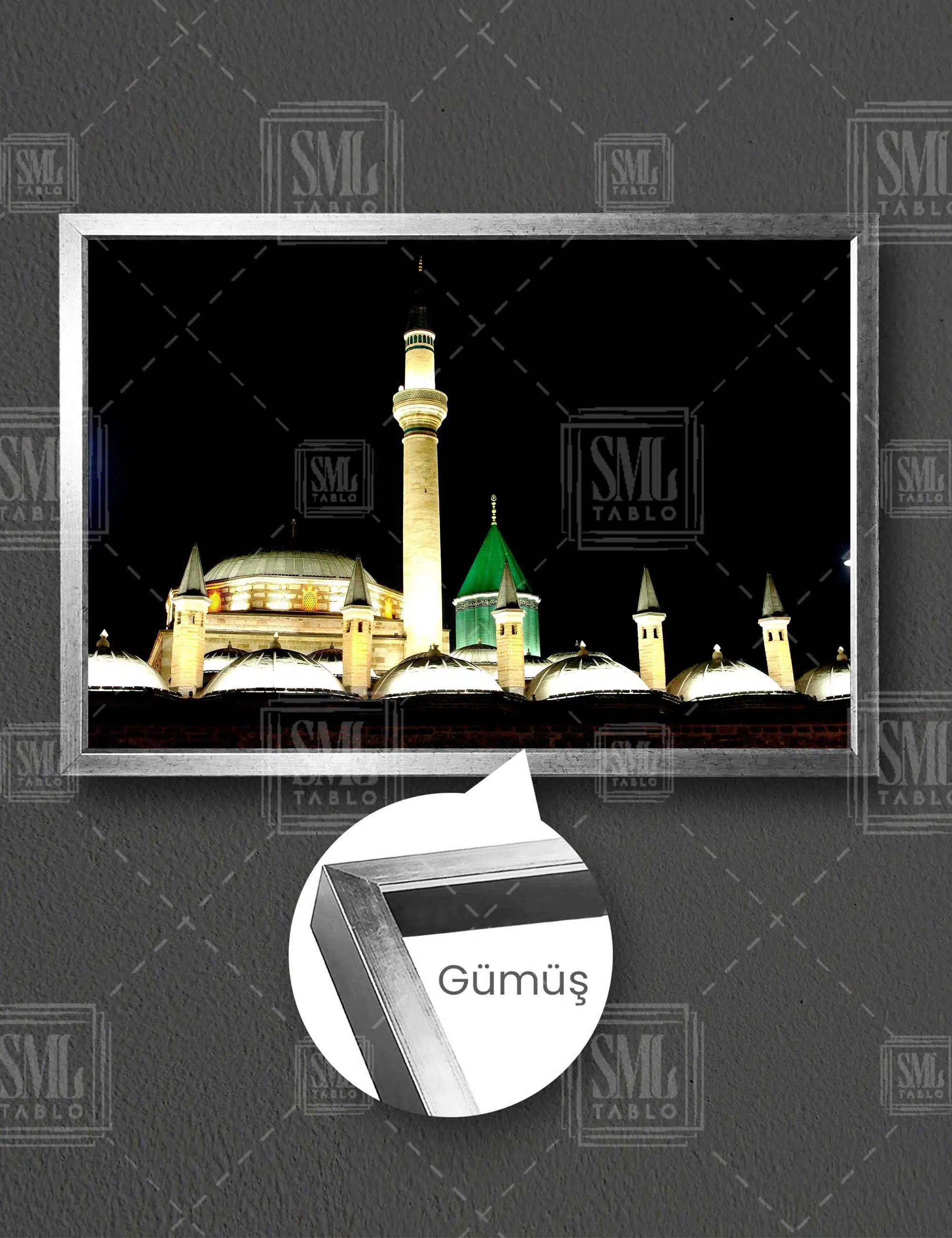 Konya Mevlana Türbesi Konya Doğa Manzara Şehir Gece Işıkları Yatay Çerçeveli Kanvas Tablo - Gümüş