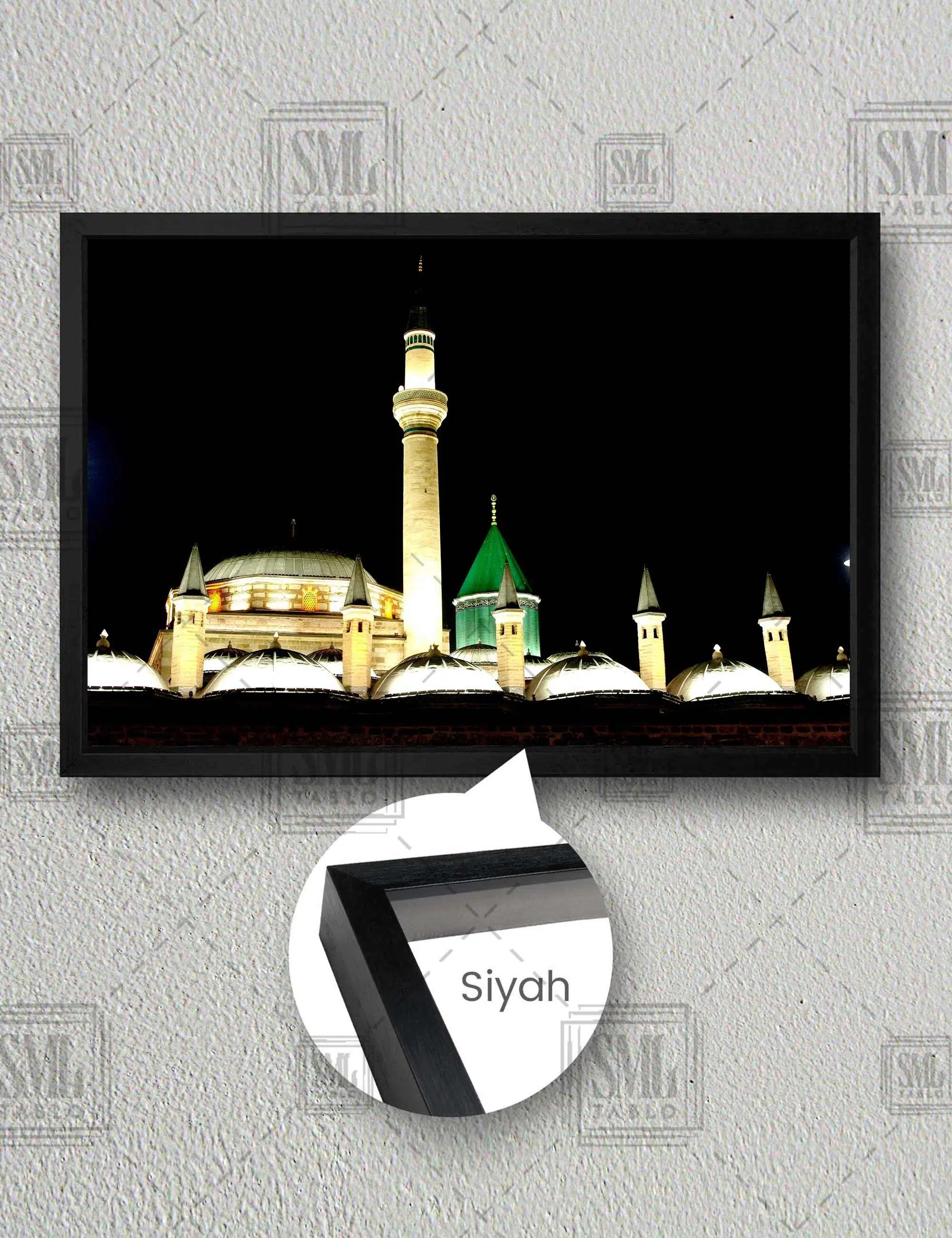 Konya Mevlana Türbesi Konya Doğa Manzara Şehir Gece Işıkları Yatay Çerçeveli Kanvas Tablo - Siyah