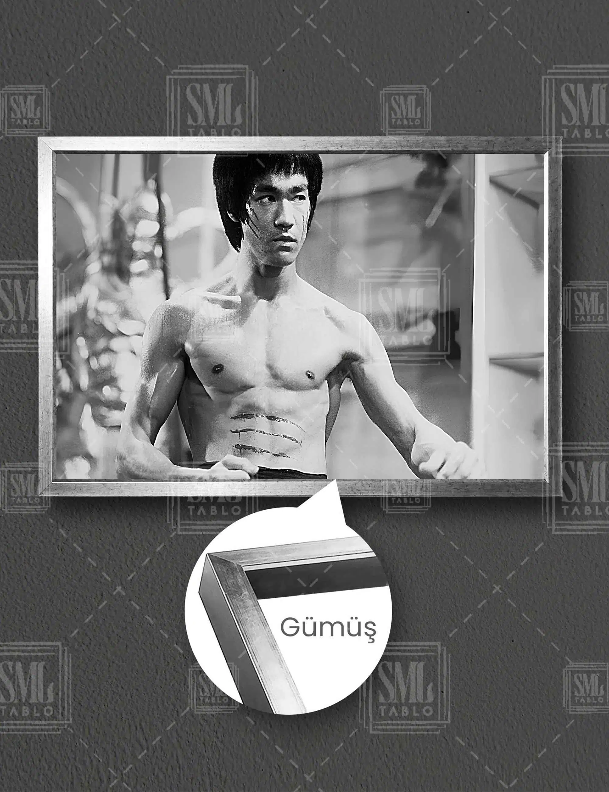 Kung Fu Dövüş Sanatları Ustası Efsane Bruce Lee Yatay Çerçeveli Kanvas Tablo - Gümüş