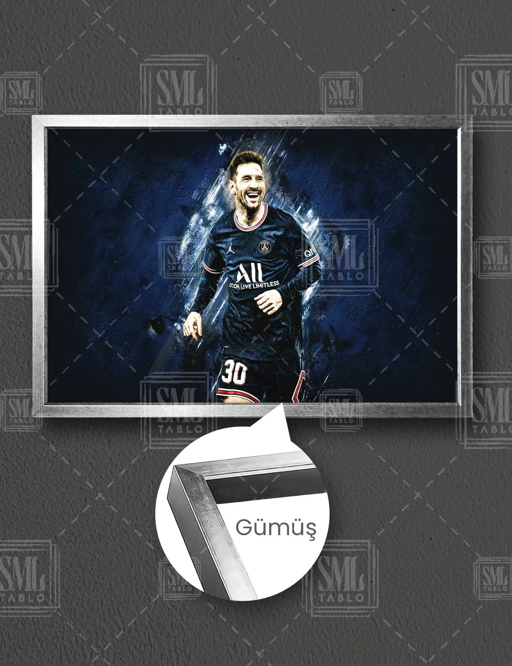 Lionel Messi Psg Paris Saint Germain Futbol Football Player Yatay Çerçeveli Kanvas Tablo - Gümüş