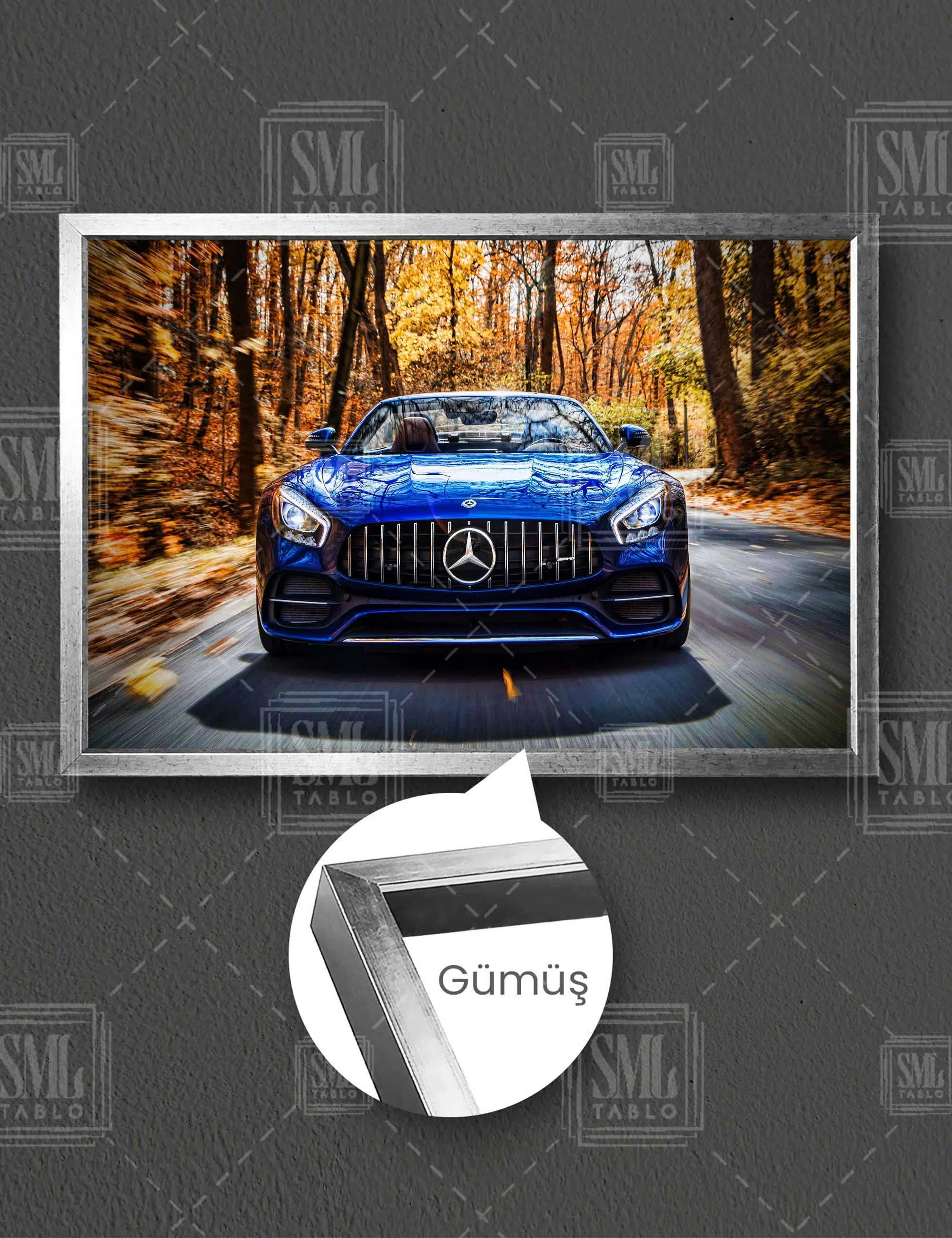 Mavi Mercedes Amg Gt Doğa Manzara Araba Dekor Yatay Çerçeveli Kanvas Tablo - Gümüş