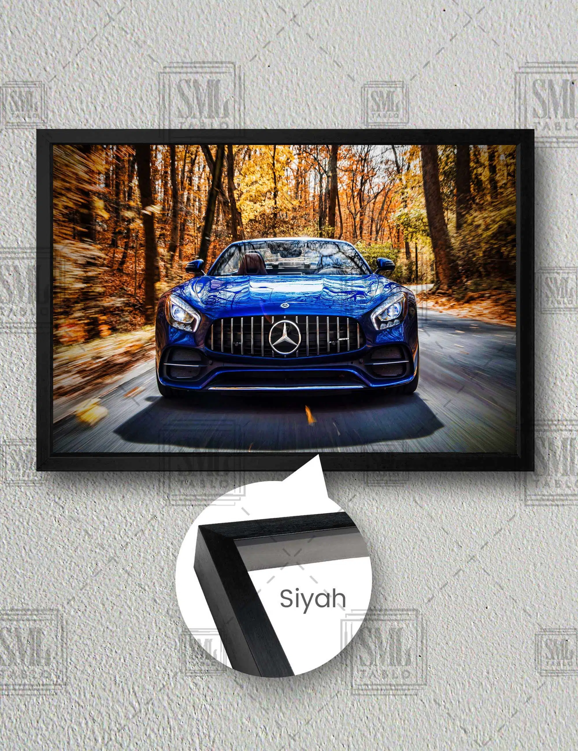 Mavi Mercedes Amg Gt Doğa Manzara Araba Dekor Yatay Çerçeveli Kanvas Tablo - Siyah