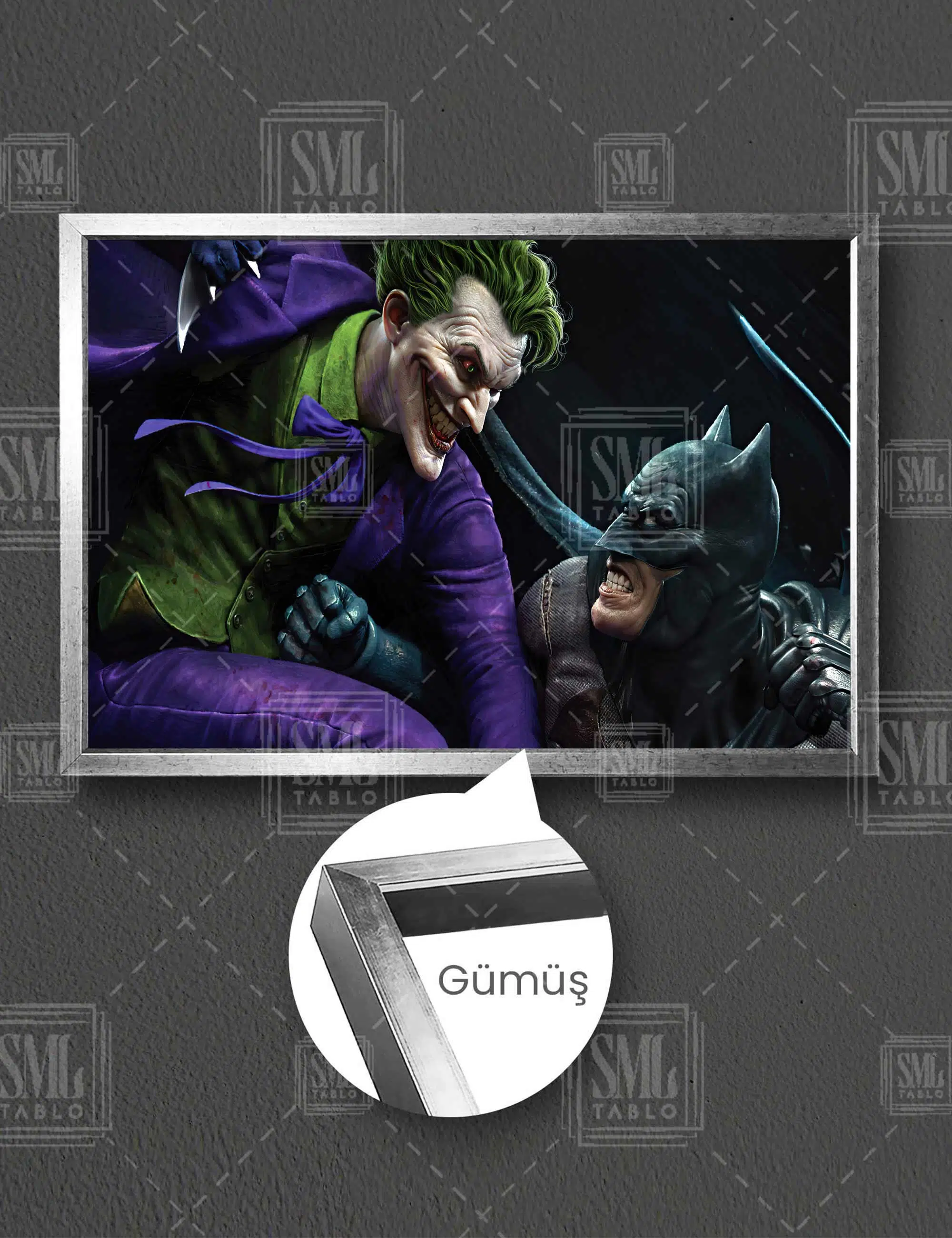 Mor Elbiseli Joker Ve Batman Sanat Film Dekor Yatay Çerçeveli Kanvas Tablo - Gümüş