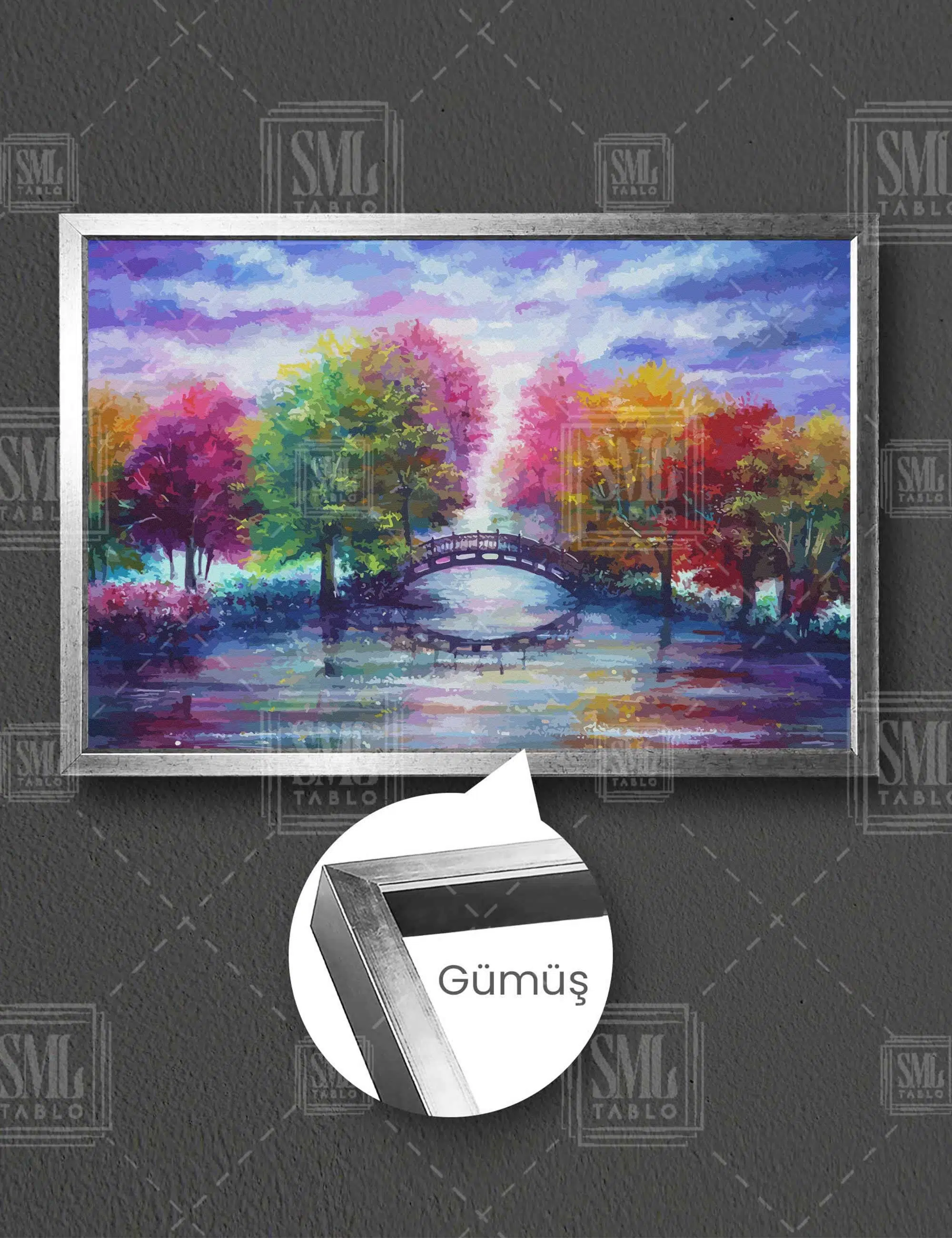 Mor Pembe Sarı Ağaçlar Renkli Doğa Taş Körü Manzara Dekor Yatay Çerçeveli Kanvas Tablo - Gümüş