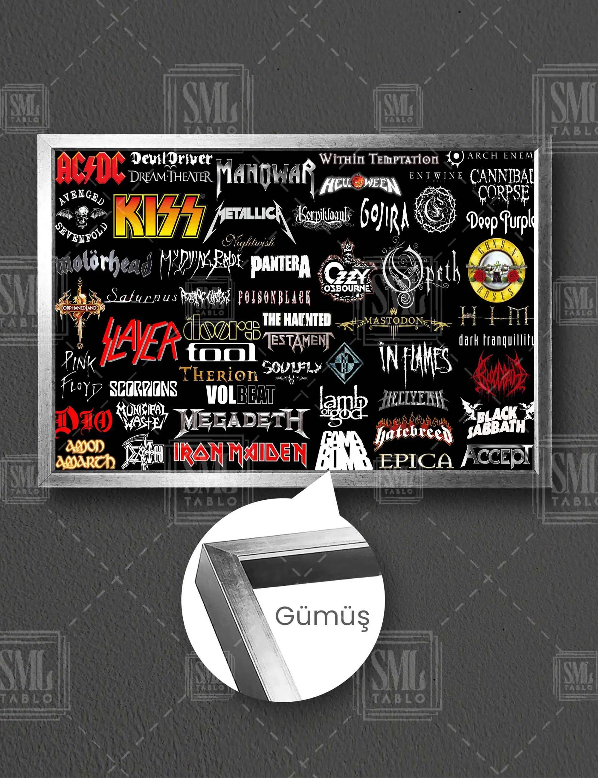 Müzik Grubları Ve Amblemleri Rock Müzik Sanat Simge Dekor Yatay Çerçeveli Kanvas Tablo - Gümüş
