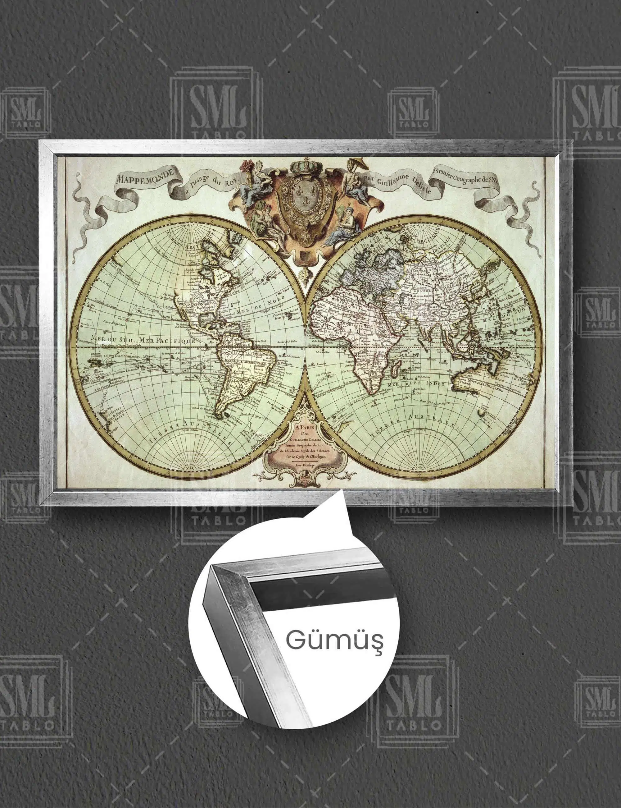 Nostalji Dünya Haritası Retro World Map Yatay Çerçeveli Kanvas Tablo - Gümüş