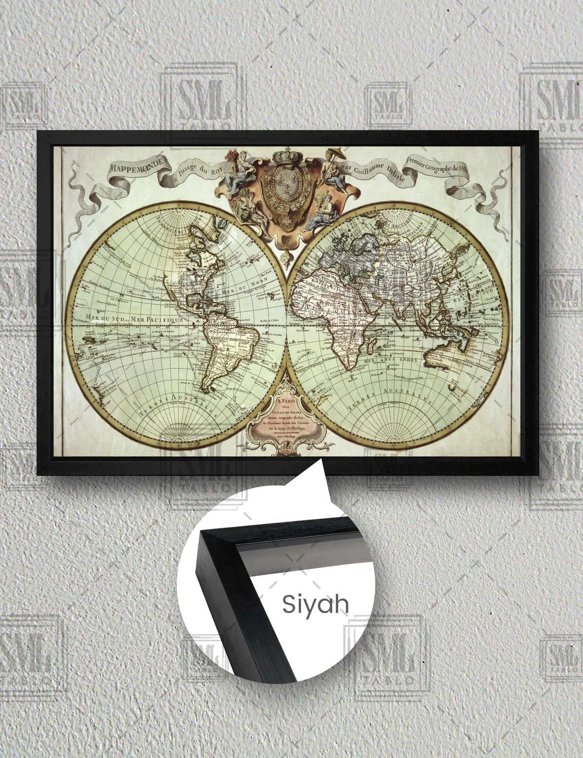 Nostalji Dünya Haritası Retro World Map Yatay Çerçeveli Kanvas Tablo - Siyah