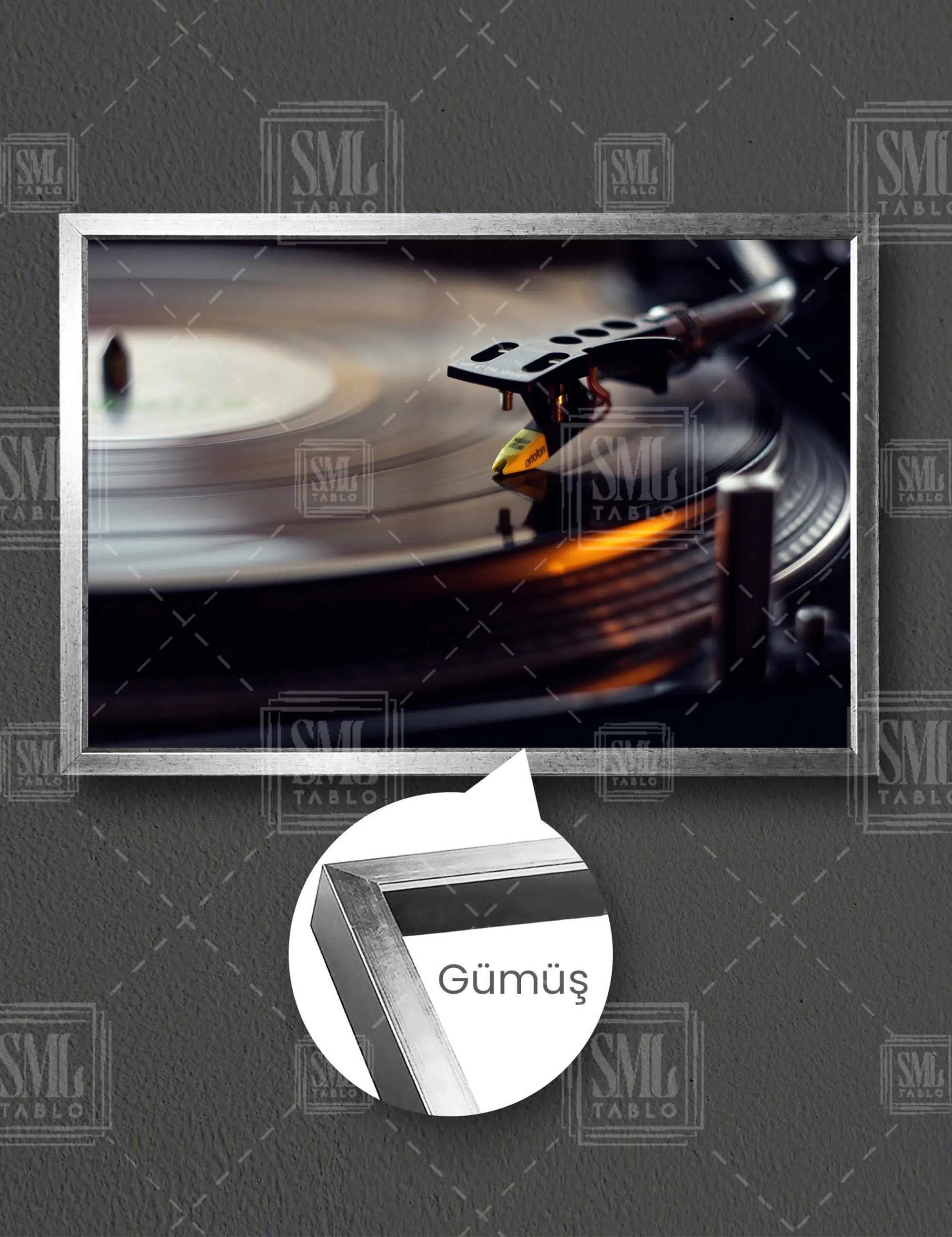 Nostalji Plak Pikap Müzik Dekor Antika Retro Yatay Çerçeveli Kanvas Tablo - Gümüş