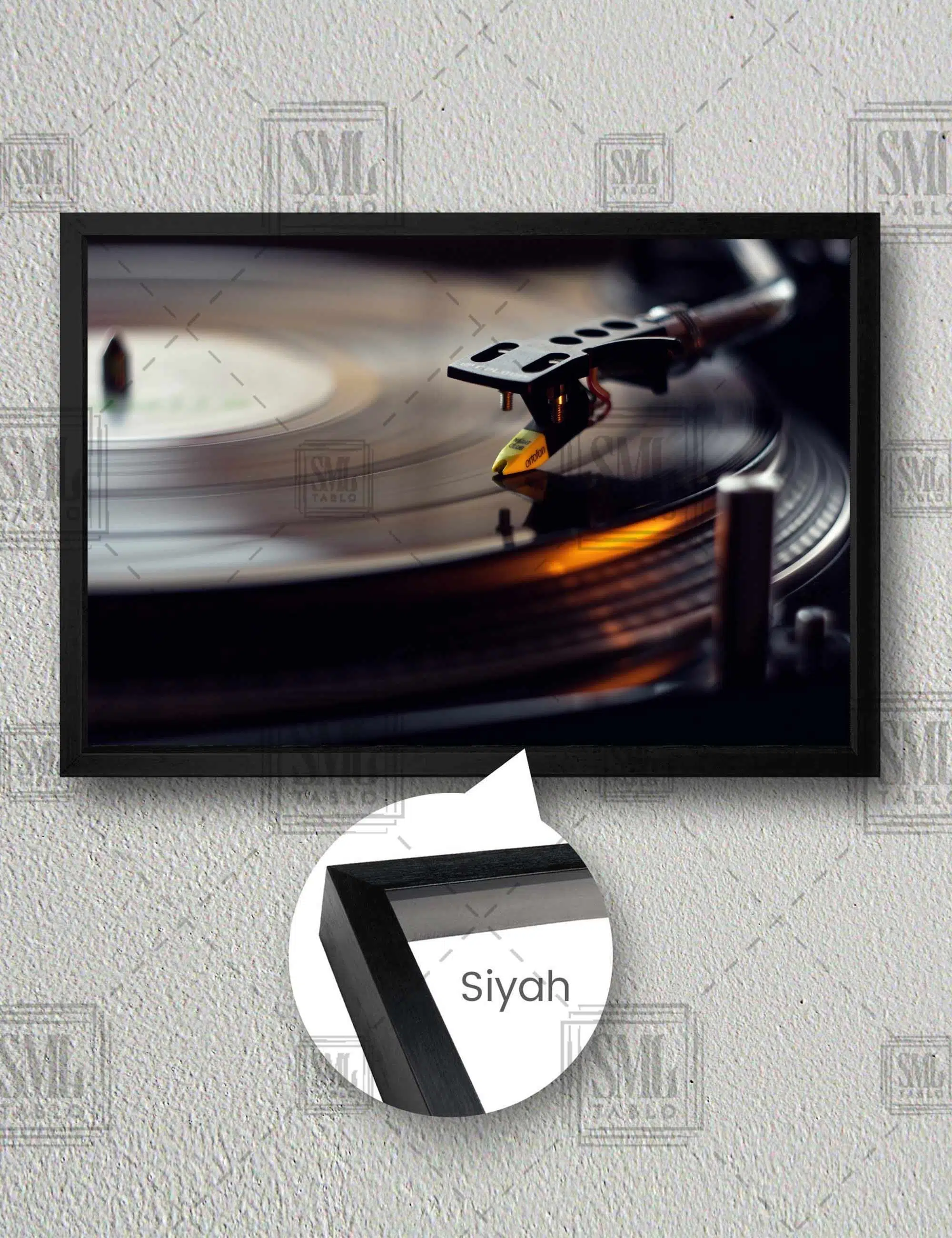Nostalji Plak Pikap Müzik Dekor Antika Retro Yatay Çerçeveli Kanvas Tablo - Siyah