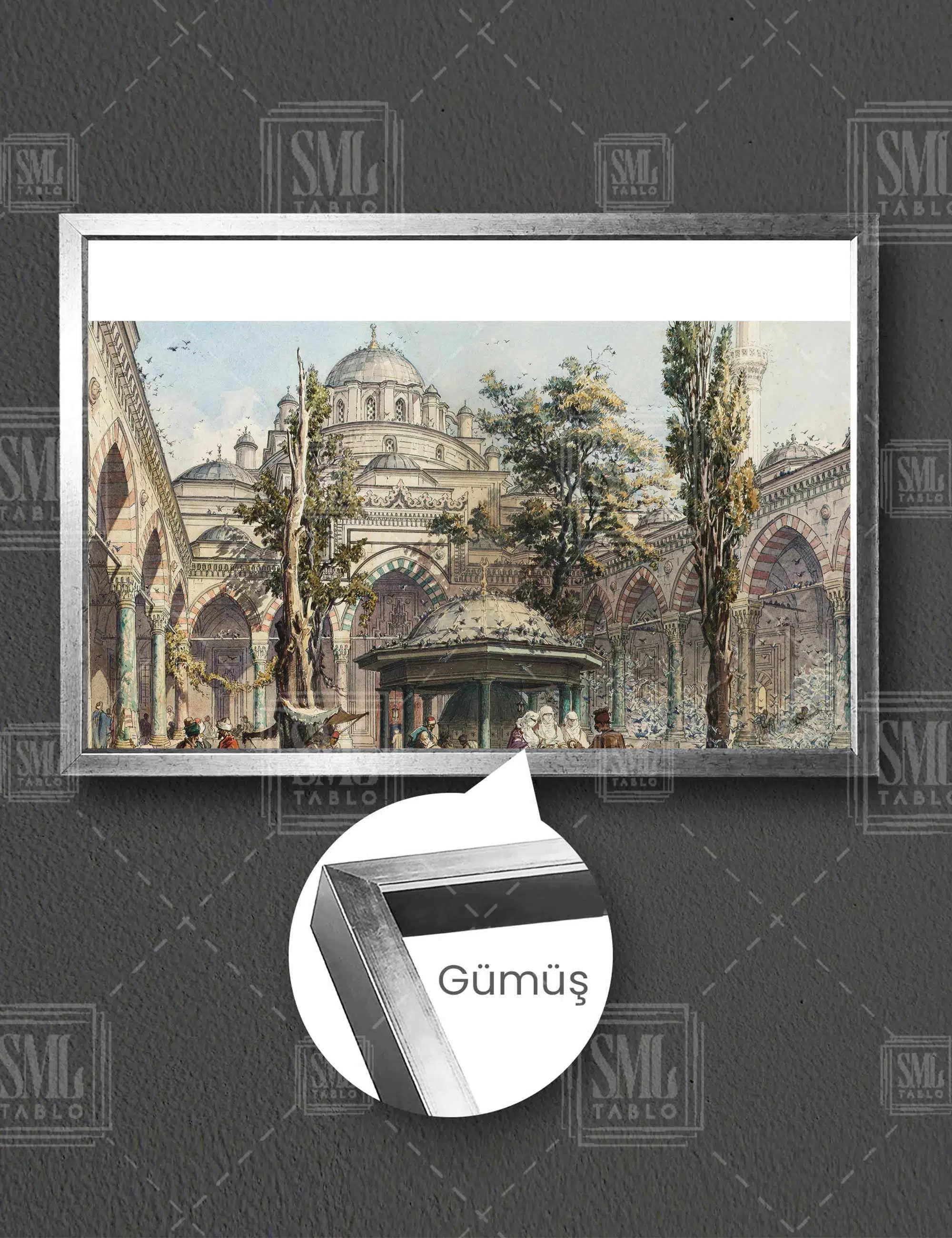 Osmanlı Beyazıt Cami Vittorio Amadeo Bahçede Simit Satan Adam Yatay Çerçeveli Kanvas Tablo - Gümüş