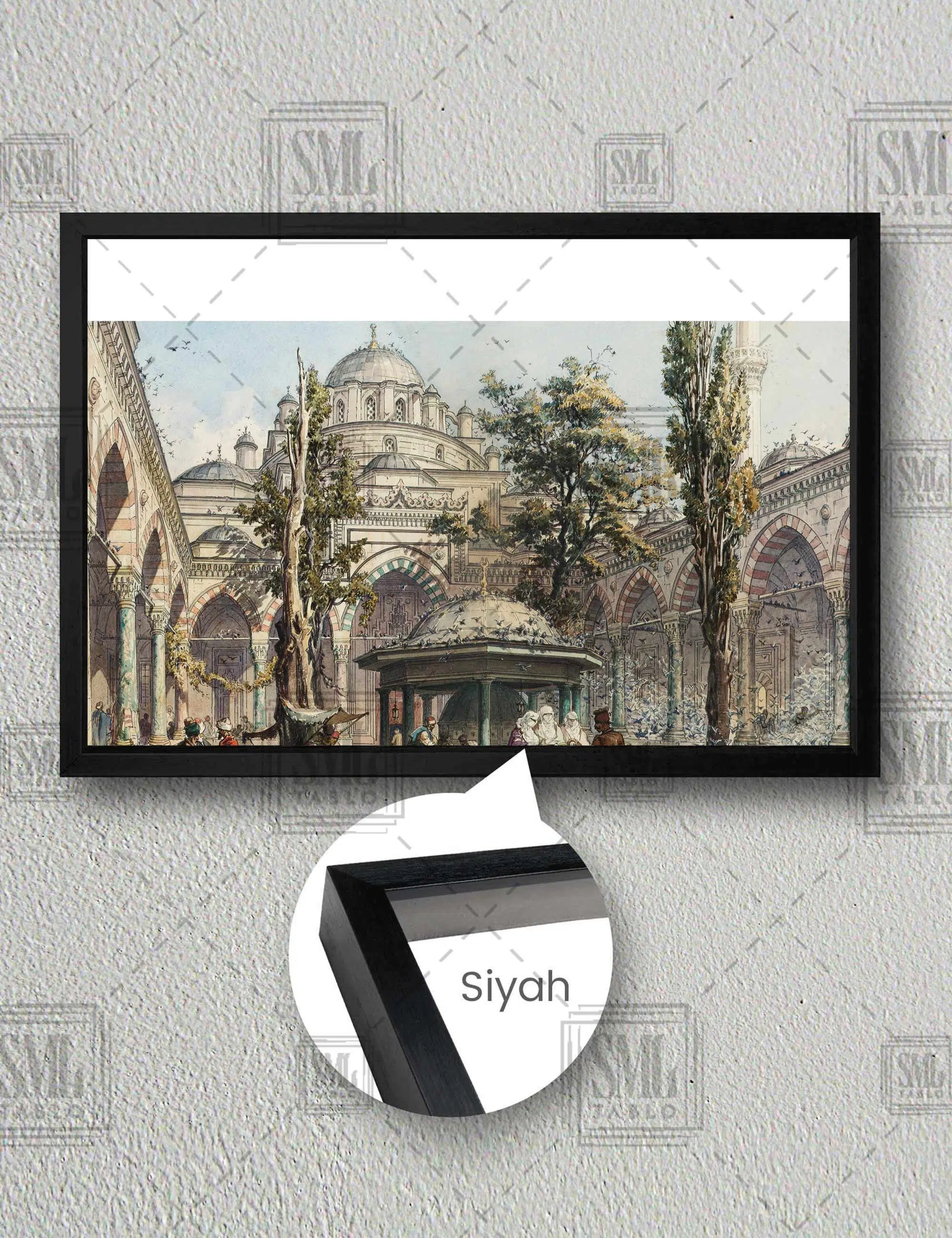 Osmanlı Beyazıt Cami Vittorio Amadeo Bahçede Simit Satan Adam Yatay Çerçeveli Kanvas Tablo - Siyah