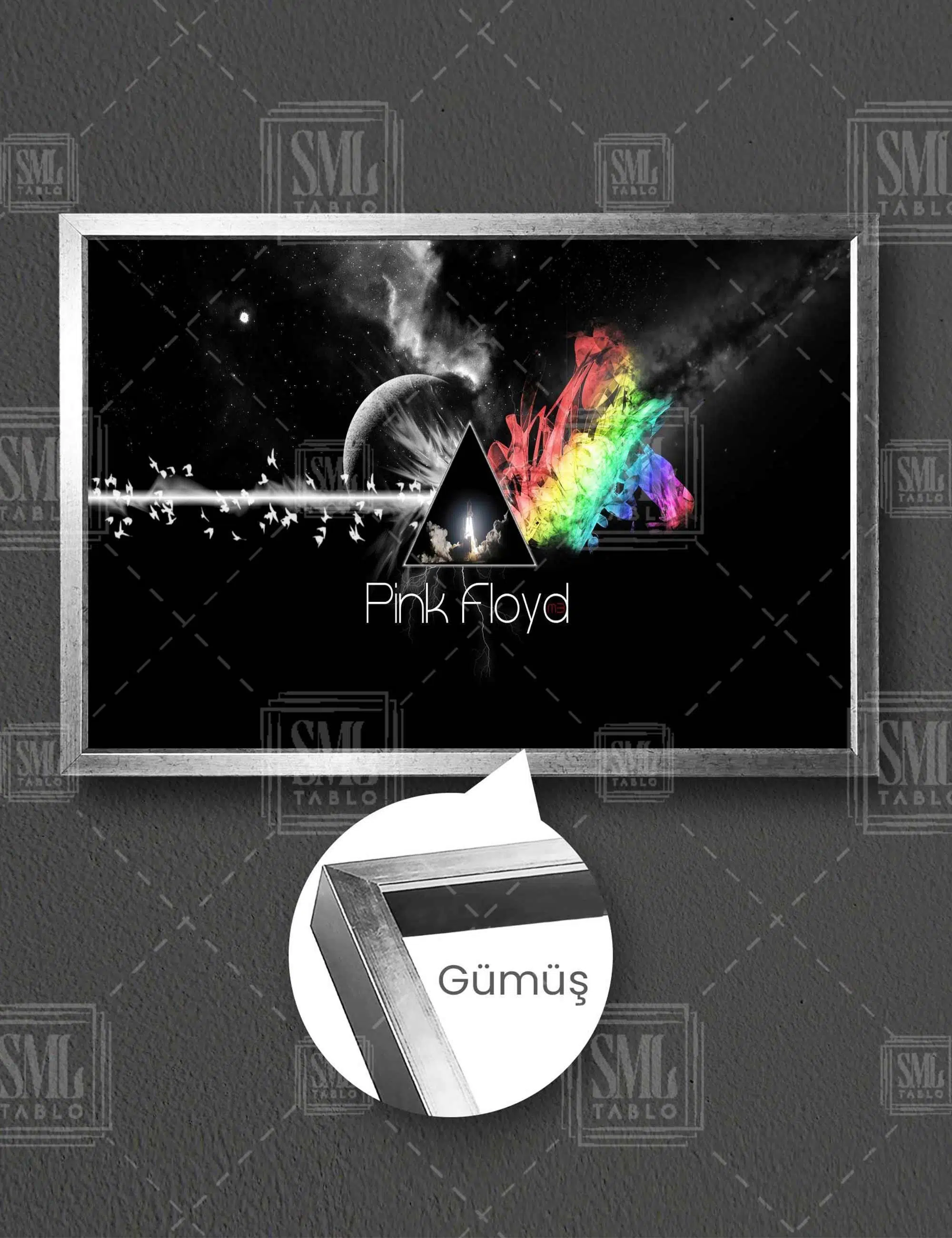 Pink Floyd Rock Müzik Sanat Dekor Uzay Renkli Işıklar Art Yatay Çerçeveli Kanvas Tablo - Gümüş