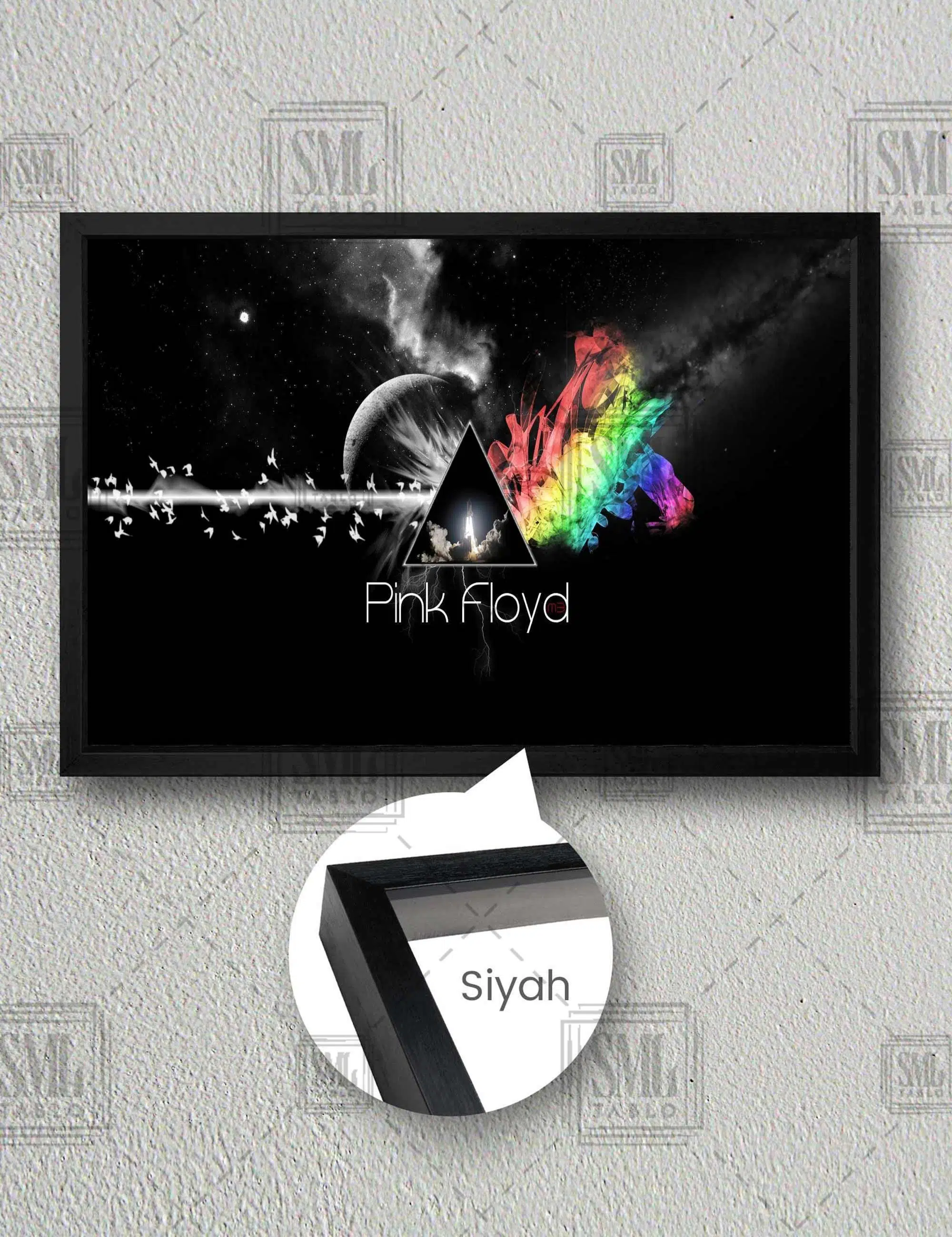 Pink Floyd Rock Müzik Sanat Dekor Uzay Renkli Işıklar Art Yatay Çerçeveli Kanvas Tablo - Siyah
