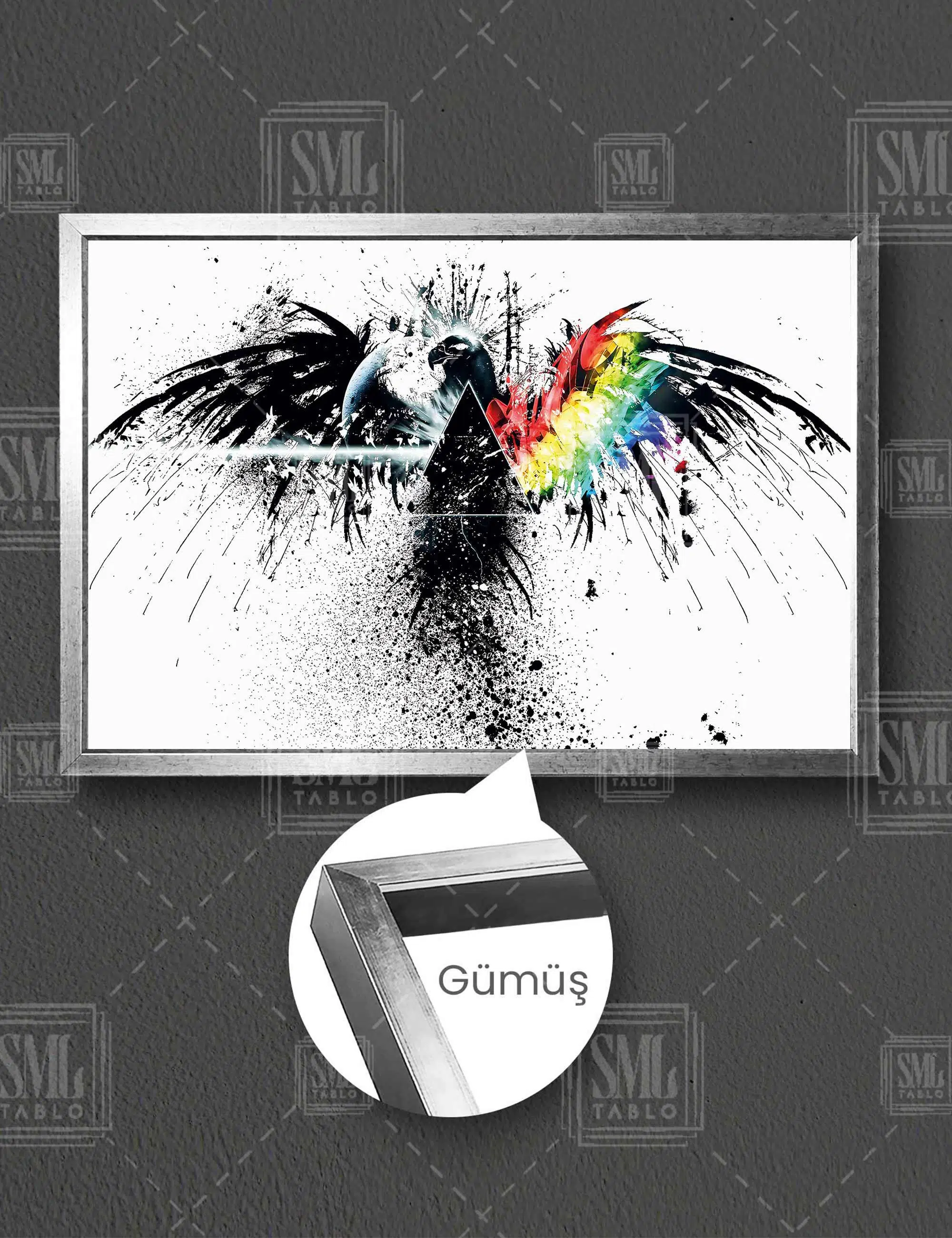 Pink Floyd Rock Müzik Grup Kanatlarını Açmış Kartal Nostalji Yatay Çerçeveli Kanvas Tablo - Gümüş