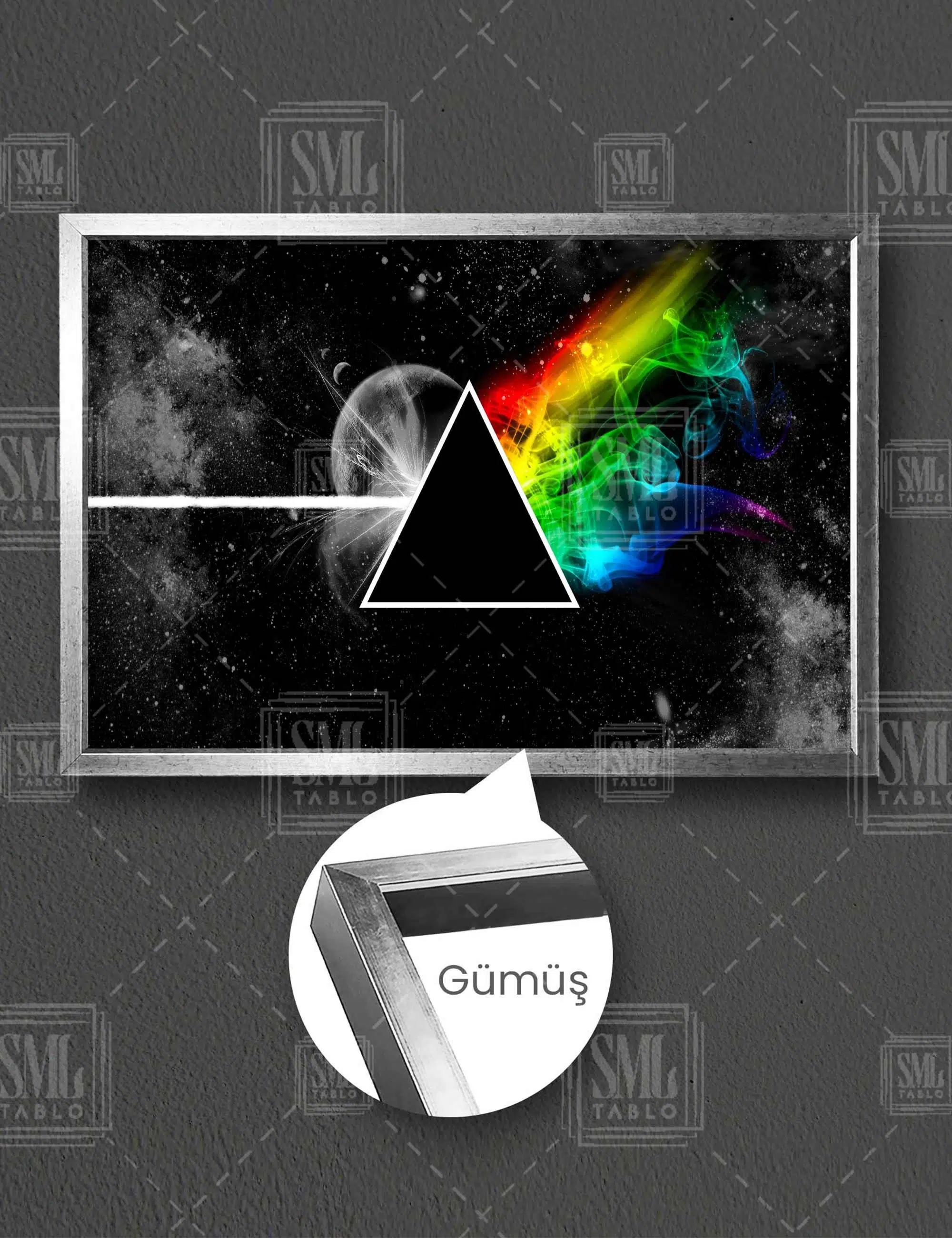 Pink Floyd Rock Müzik Sanat Dekor Art Uzay Prizma Yatay Çerçeveli Kanvas Tablo - Gümüş