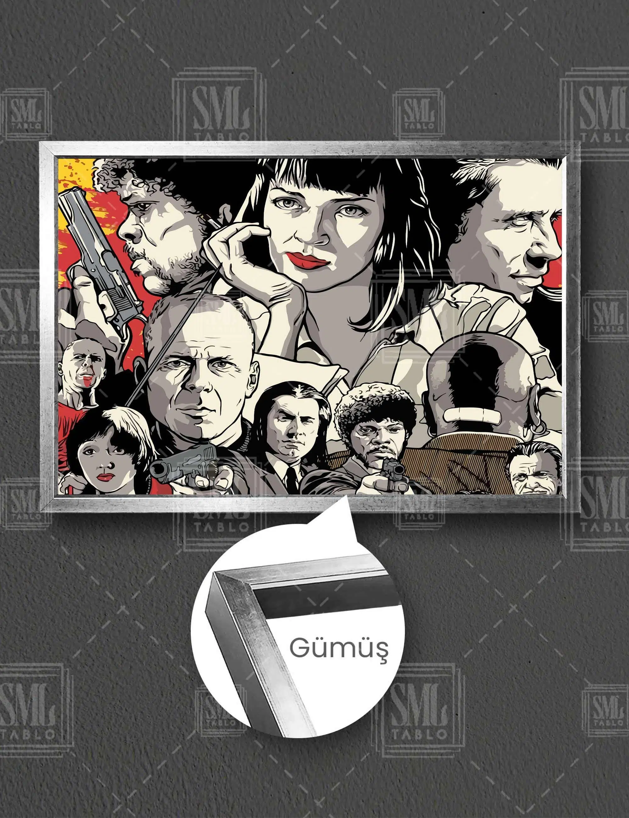 Pulp Fiction Art Uma Thurman John Travolta Retro Ucuz Roman Tarantino Yatay Çerçeveli Kanvas Tablo - Gümüş