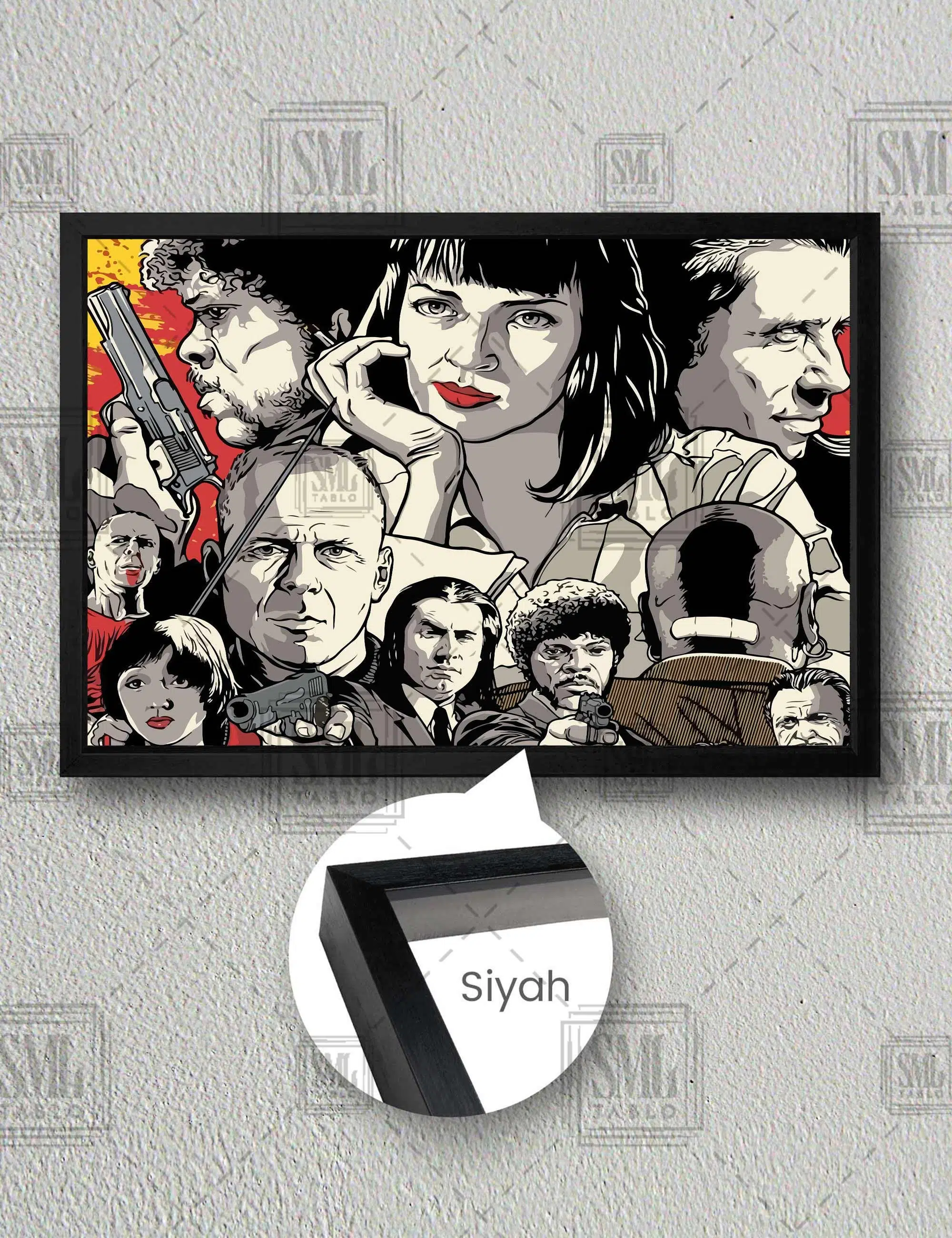 Pulp Fiction Art Uma Thurman John Travolta Retro Ucuz Roman Tarantino Yatay Çerçeveli Kanvas Tablo - Siyah