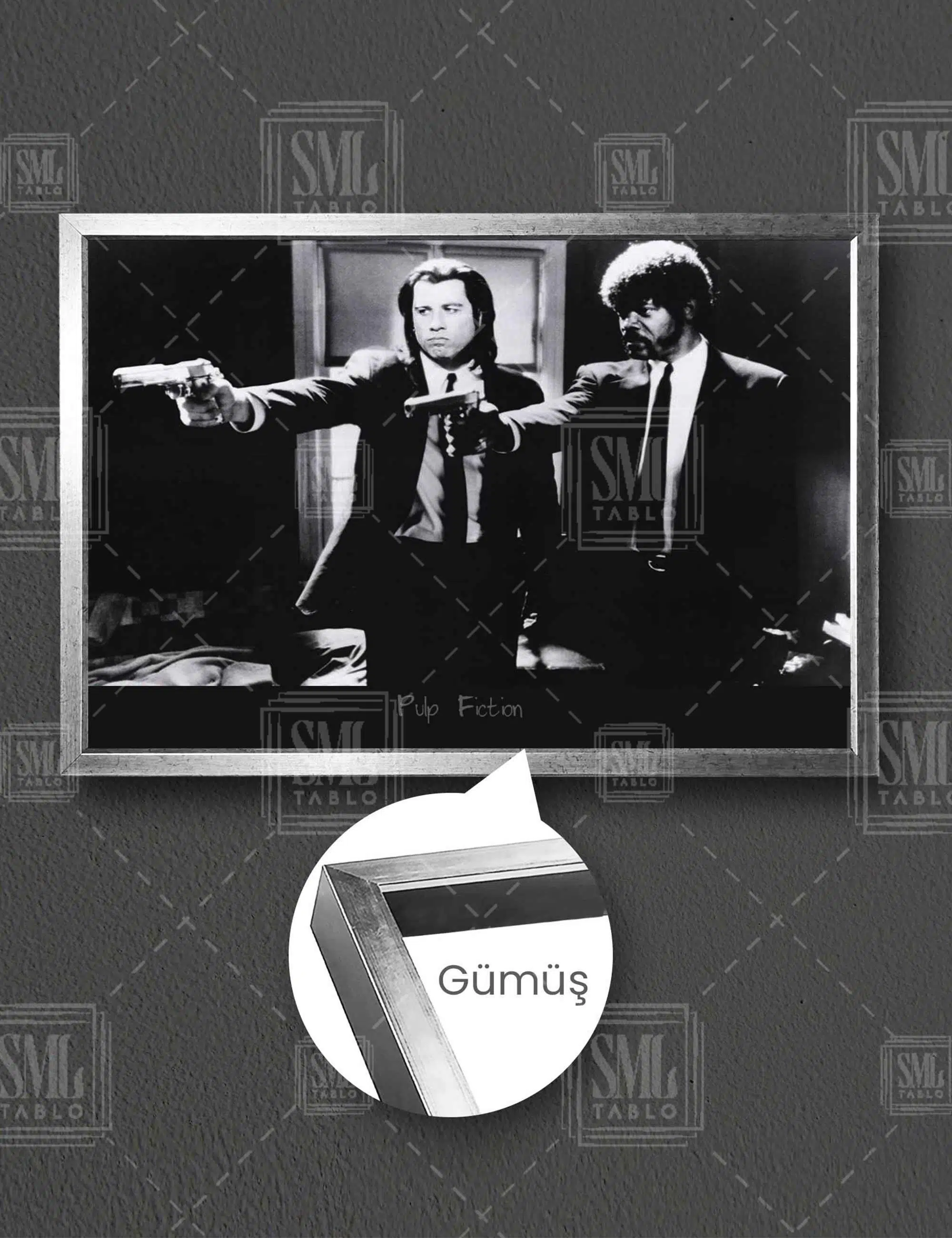 Pulp Fiction John Travolta Samuel Jackson Silah Sahnesi Retro Dekor Yatay Çerçeveli Kanvas Tablo - Gümüş