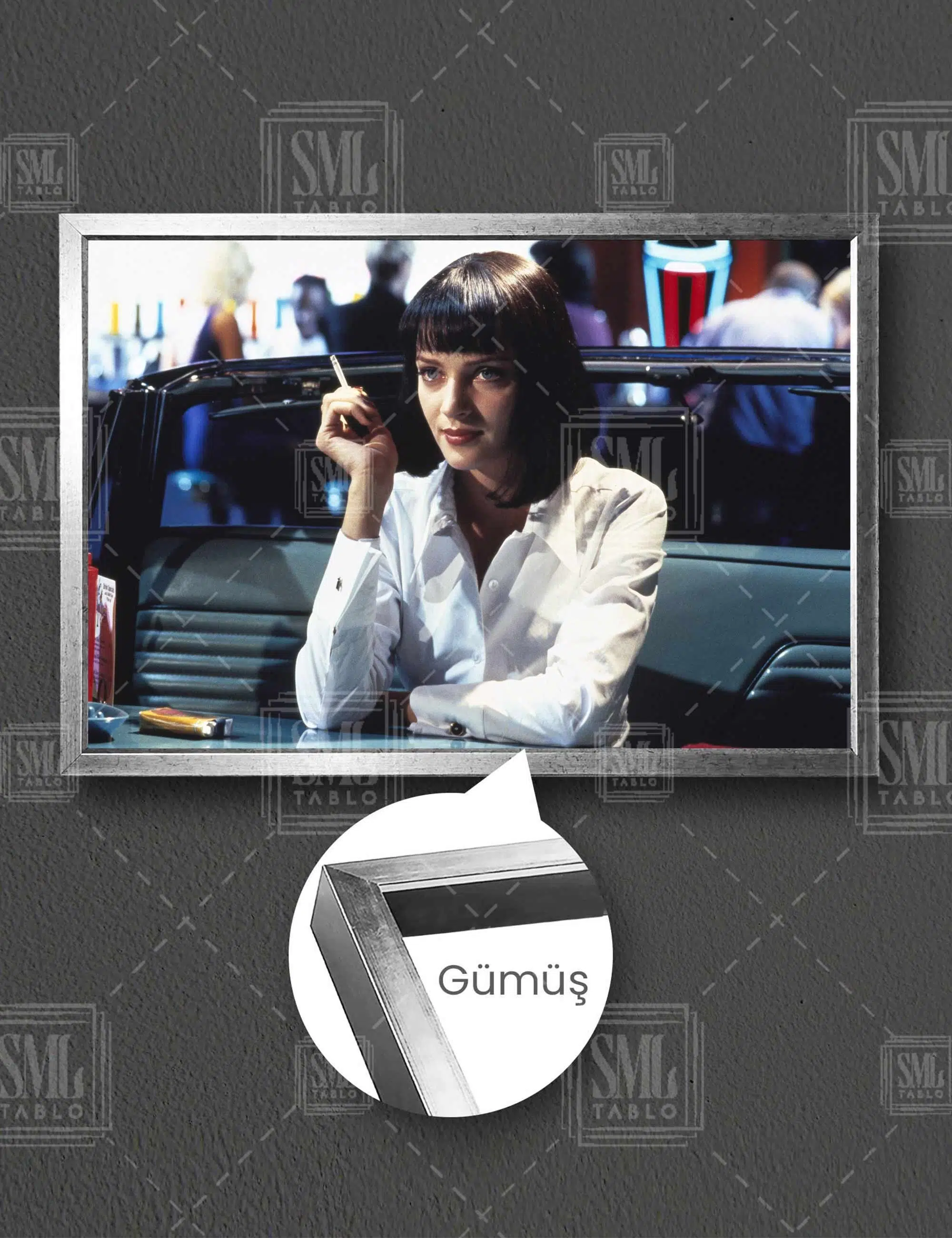 Pulp Fiction Uma Thurman Sigara İçen Kadın Ucuz Roman Tarantino Film Yatay Çerçeveli Kanvas Tablo - Gümüş